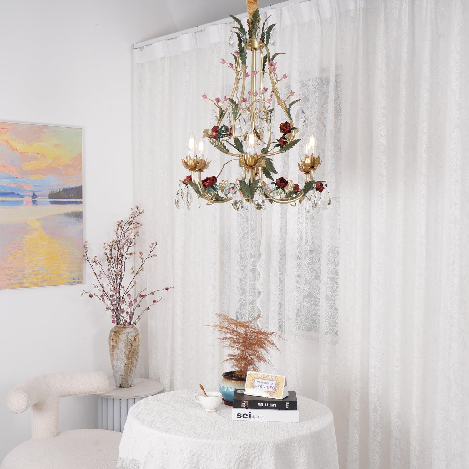 Lustra Lustre Laiton Florale Rose Cristal Bougie