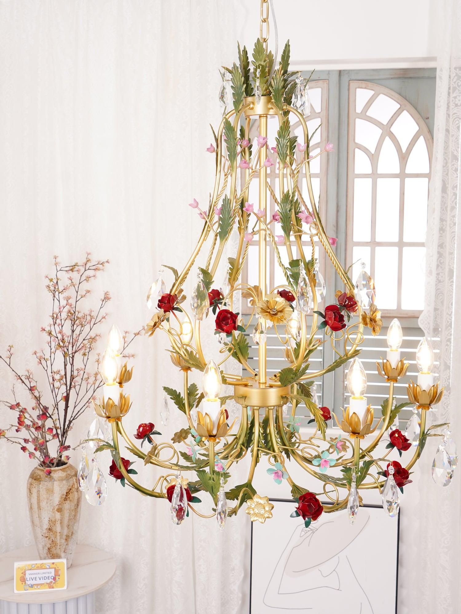 Lustra Lustre Laiton Florale Rose Cristal Bougie