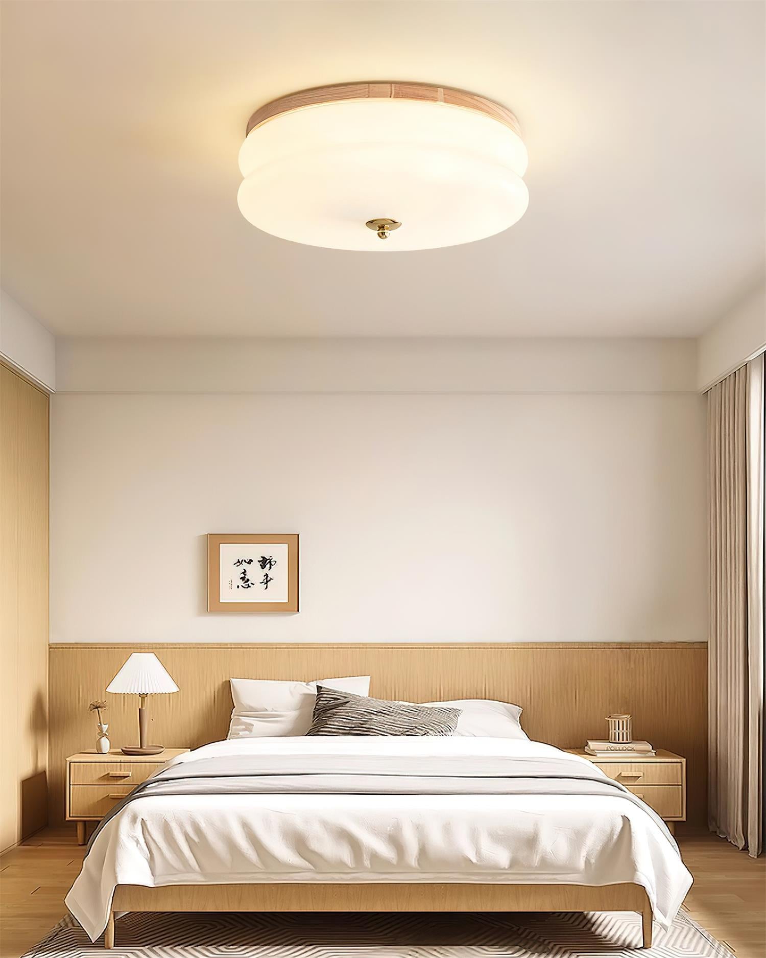Lampe Plafond Disque en Verre Double-Couche Bois de Noyer Minimaliste