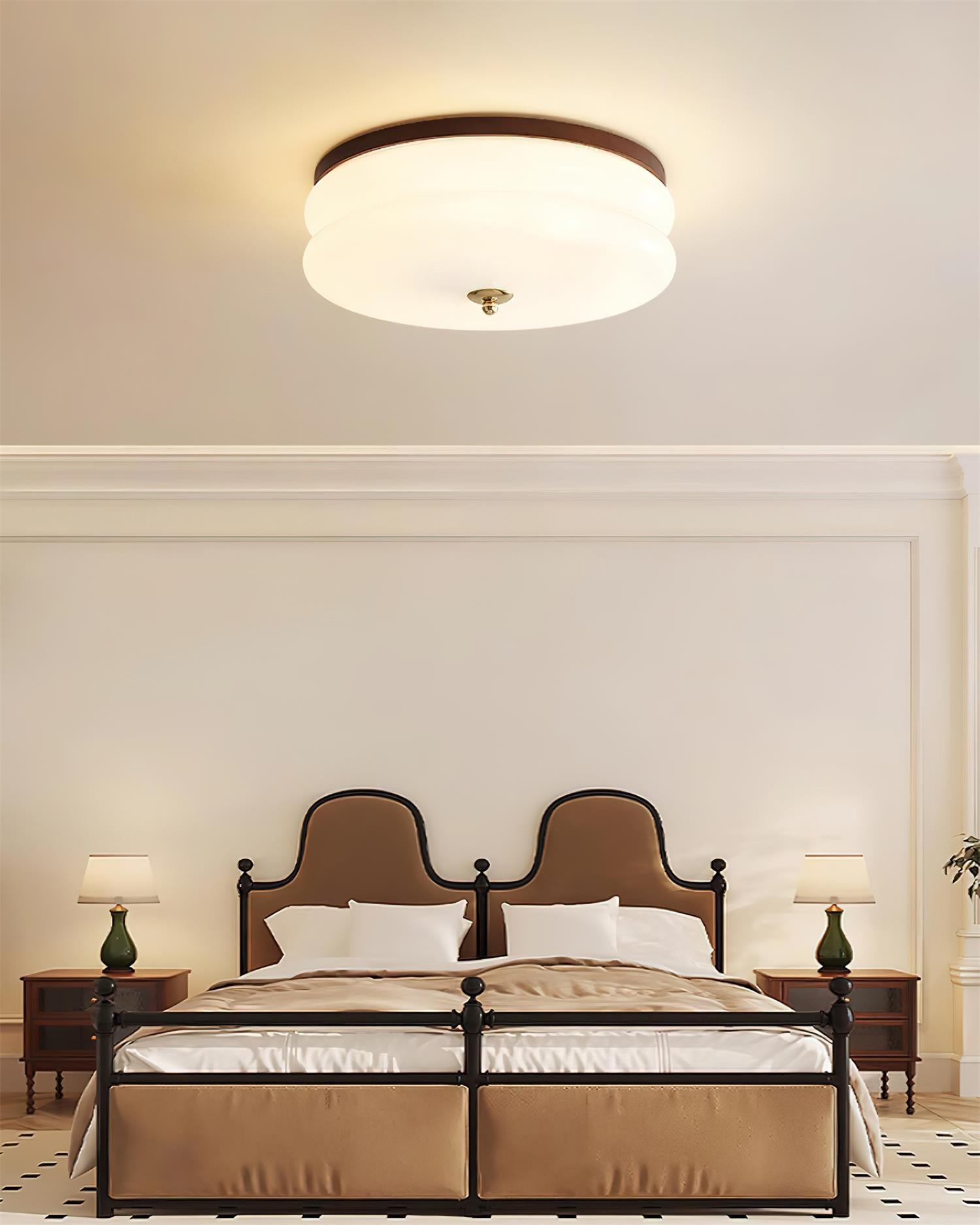 Lampe Plafond Disque en Verre Double-Couche Bois de Noyer Minimaliste