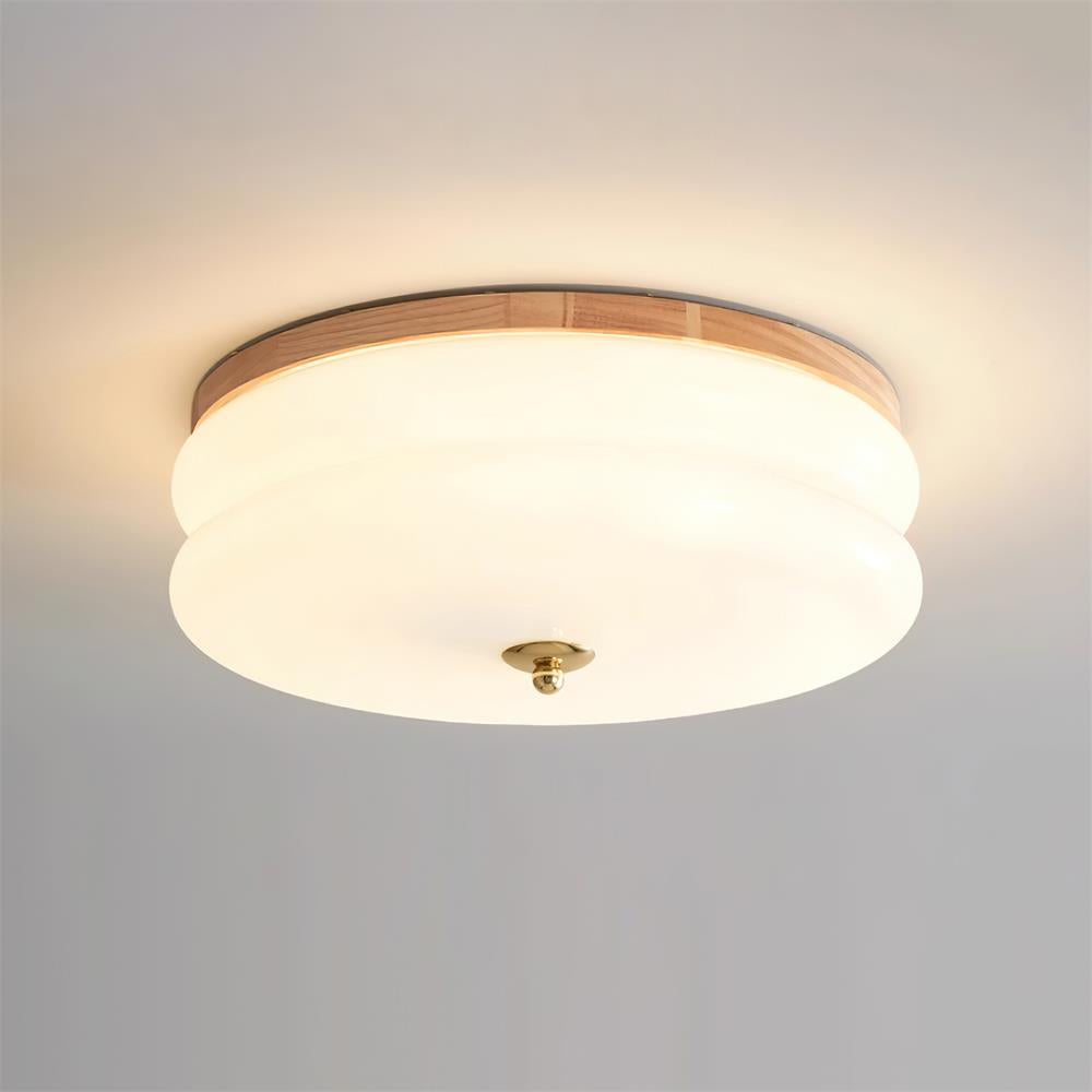 Lampe Plafond Disque en Verre Double-Couche Bois de Noyer Minimaliste