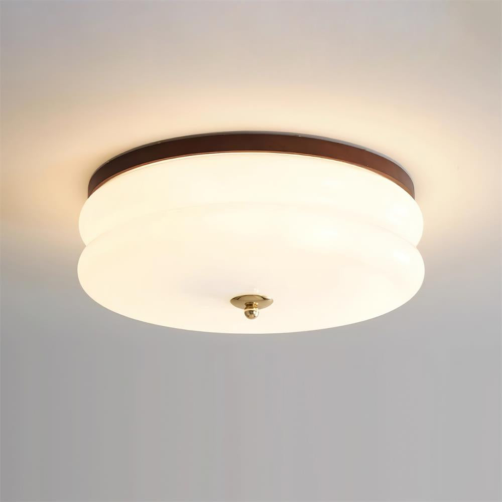 Lampe Plafond Disque en Verre Double-Couche Bois de Noyer Minimaliste
