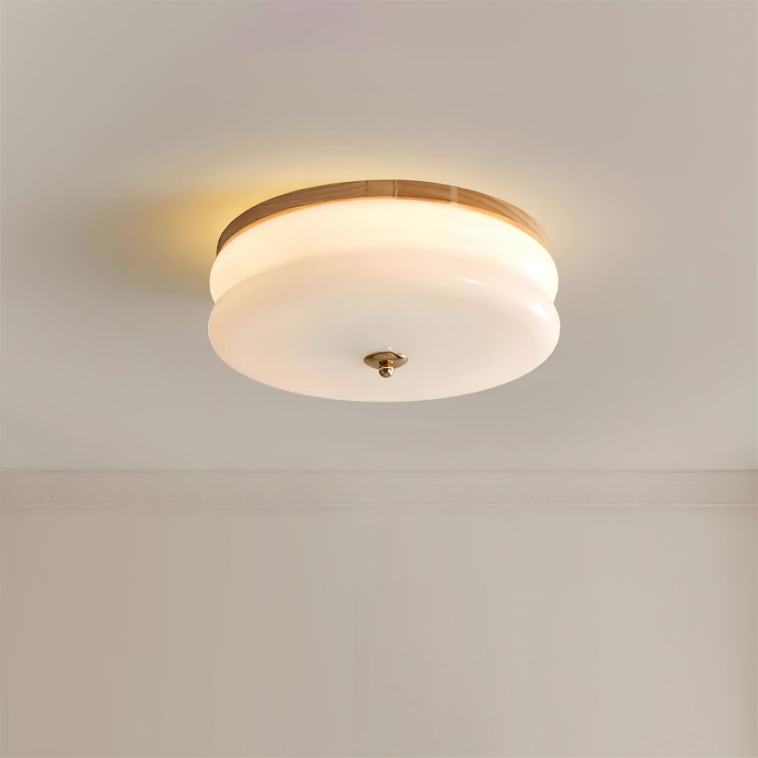Lampe Plafond Disque en Verre Double-Couche Bois de Noyer Minimaliste