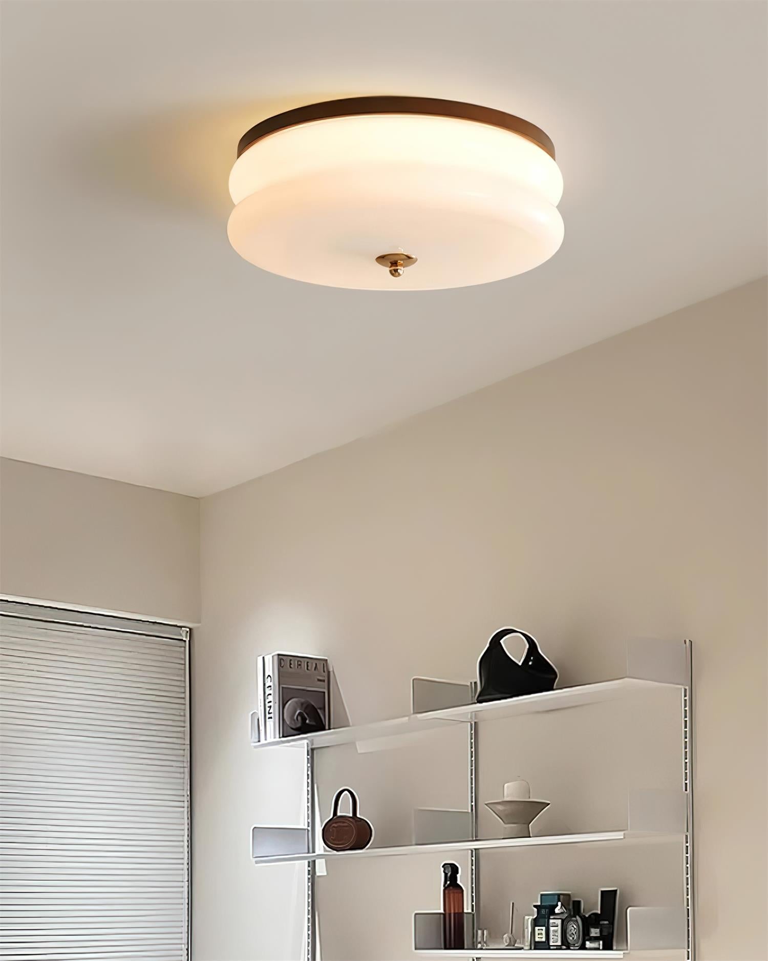 Lampe Plafond Disque en Verre Double-Couche Bois de Noyer Minimaliste