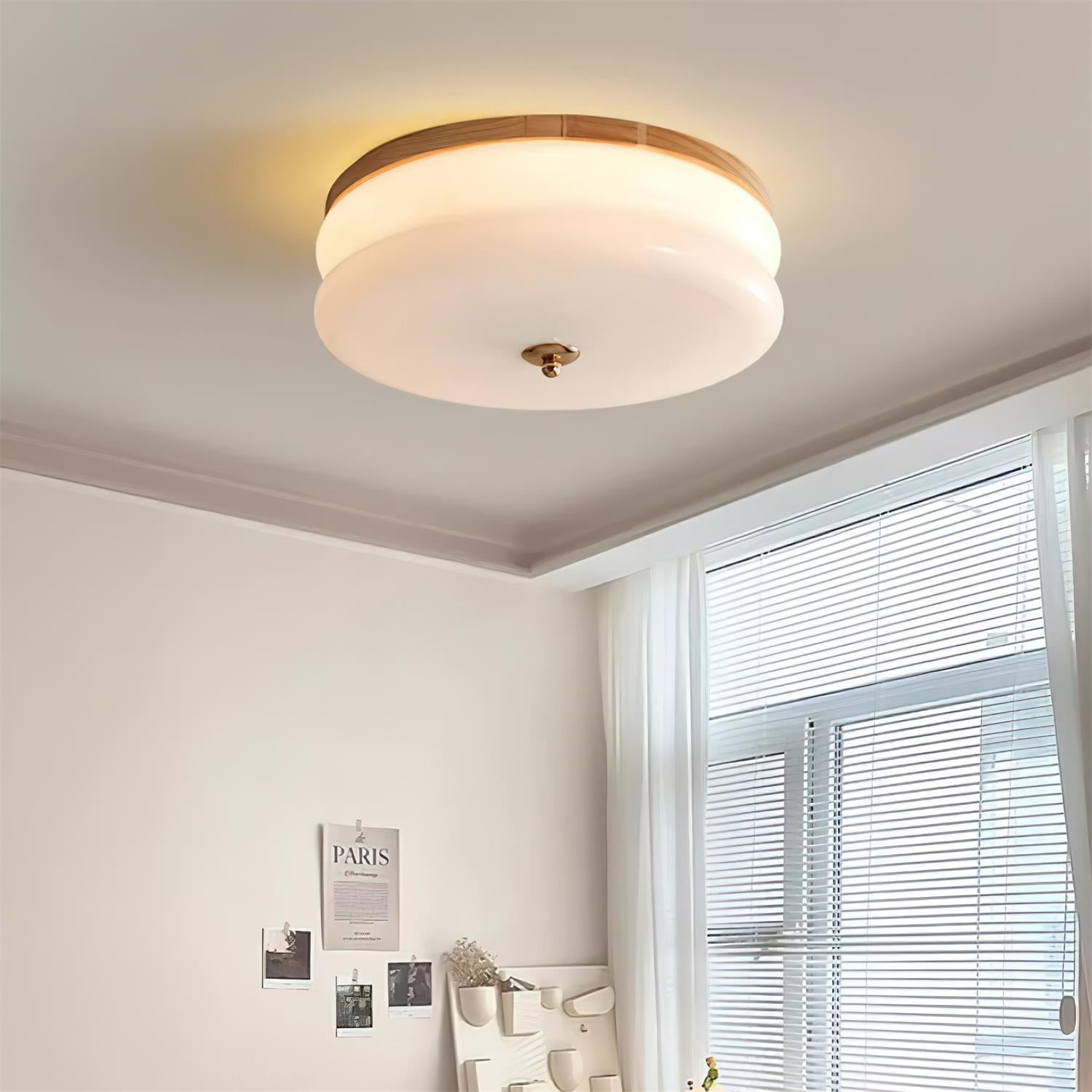Lampe Plafond Disque en Verre Double-Couche Bois de Noyer Minimaliste