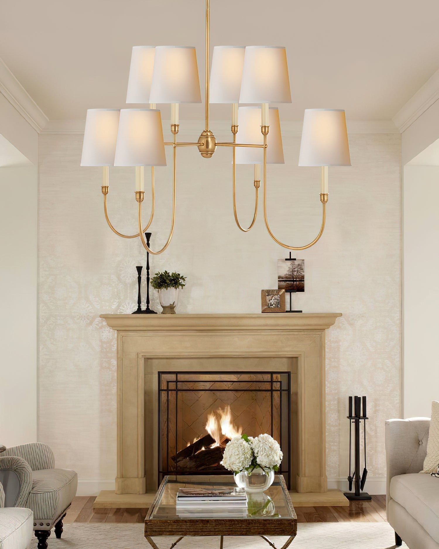 Lustra Lustre Vendôme en Laiton avec Abat-jour Blanc