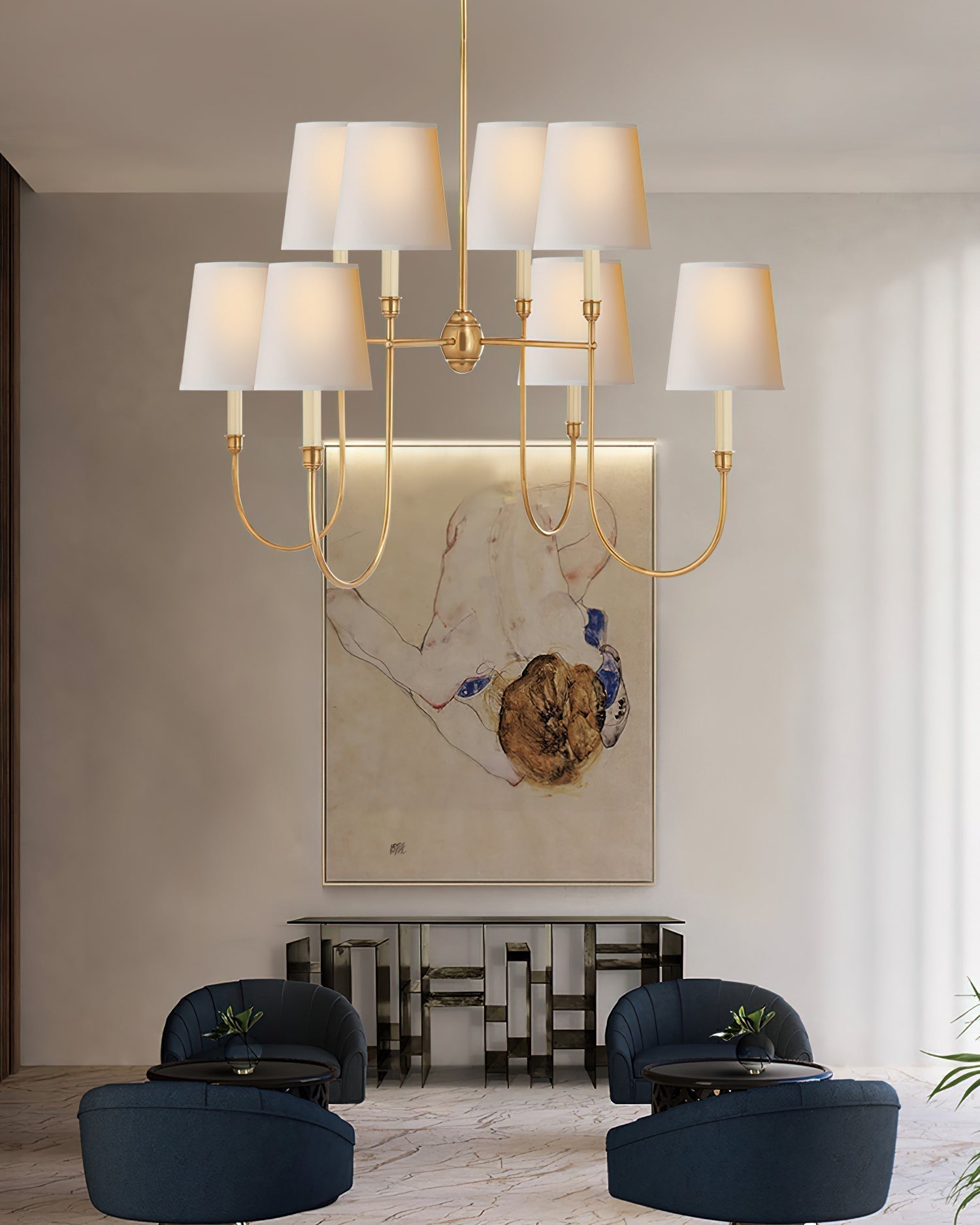 Lustra Lustre Vendôme en Laiton avec Abat-jour Blanc