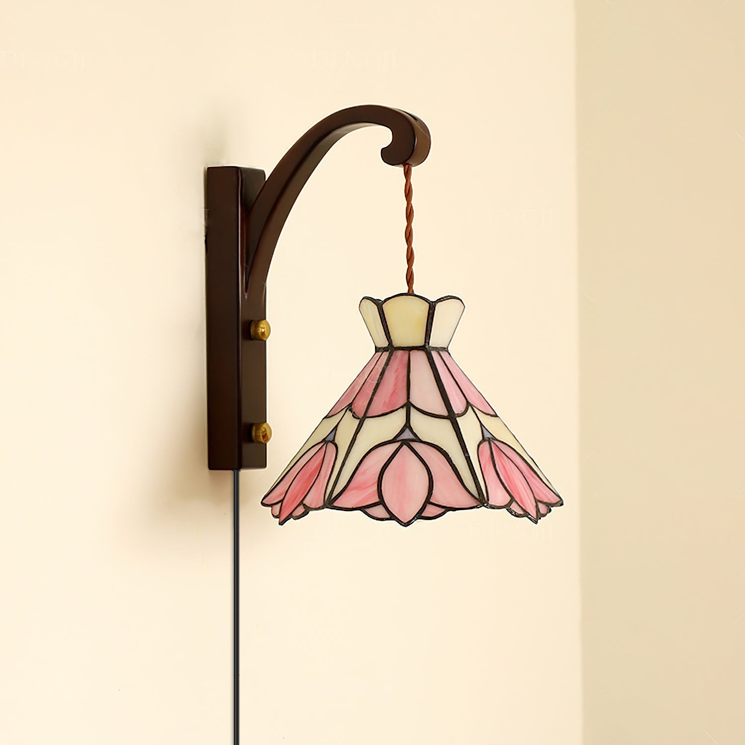 Applique Murale Tiffany Coloré Verre Floral Ombre Bois Support Ancien