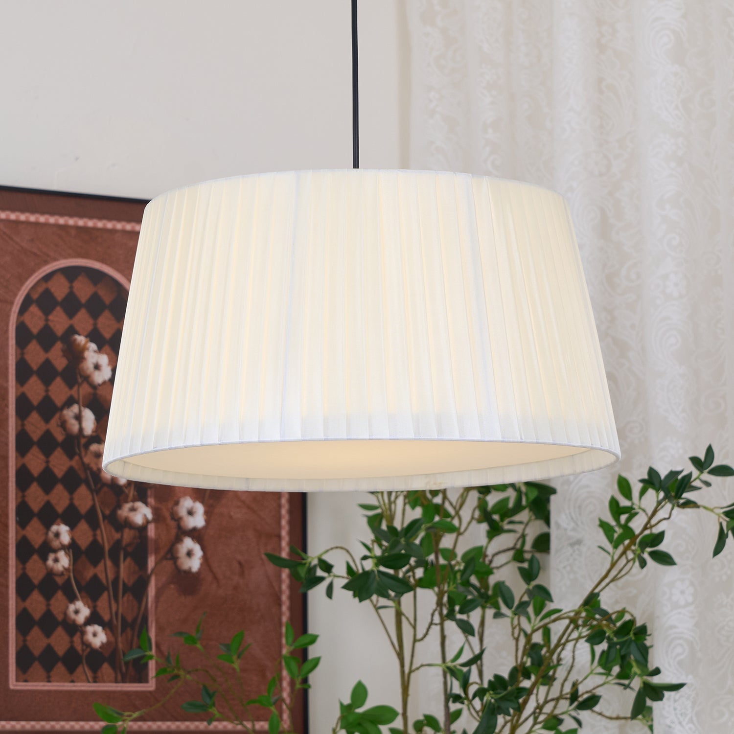 Drum Suspension Abat-jour en Tissu Pliée Noir Minimaliste Classique