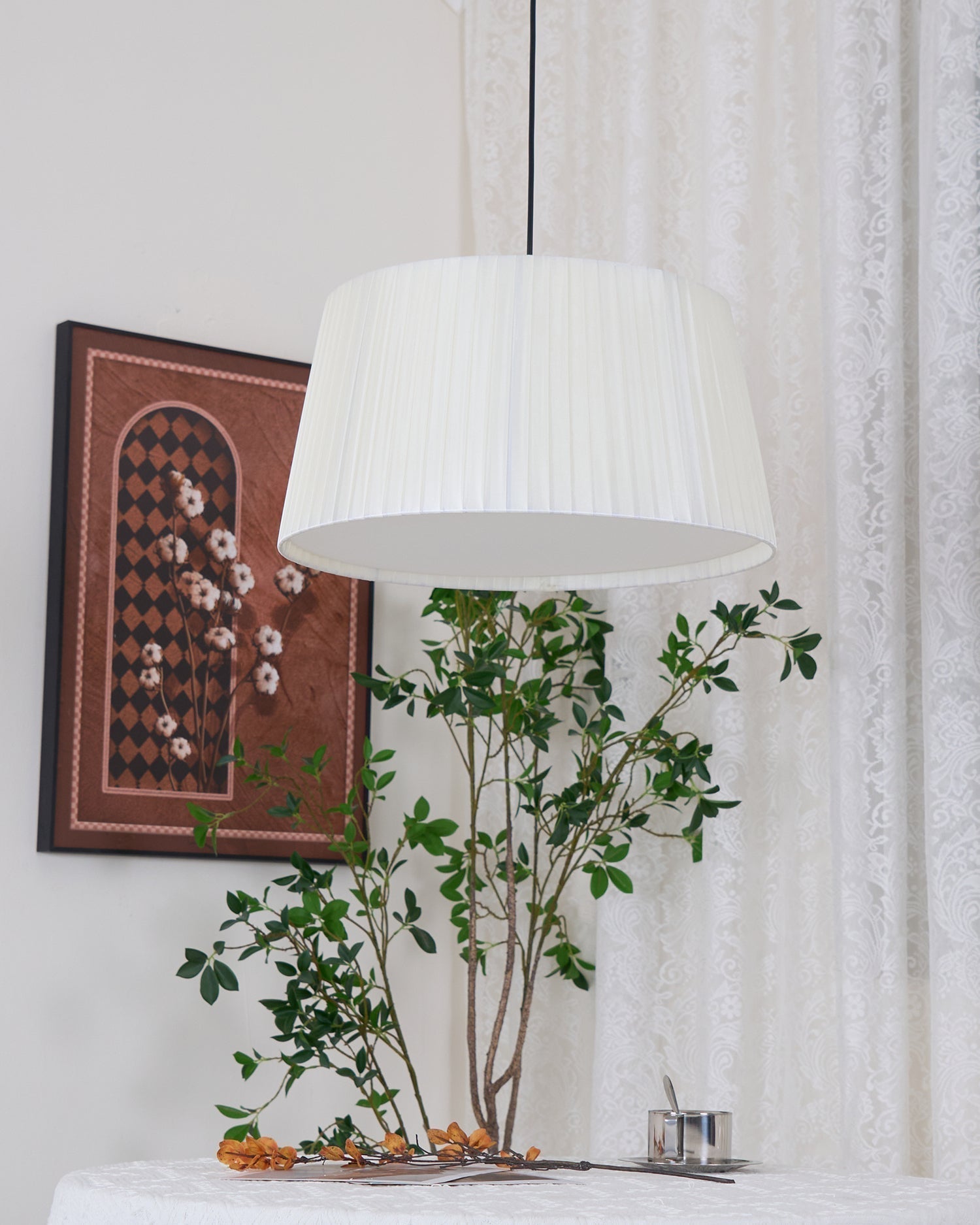 Drum Suspension Abat-jour en Tissu Pliée Noir Minimaliste Classique