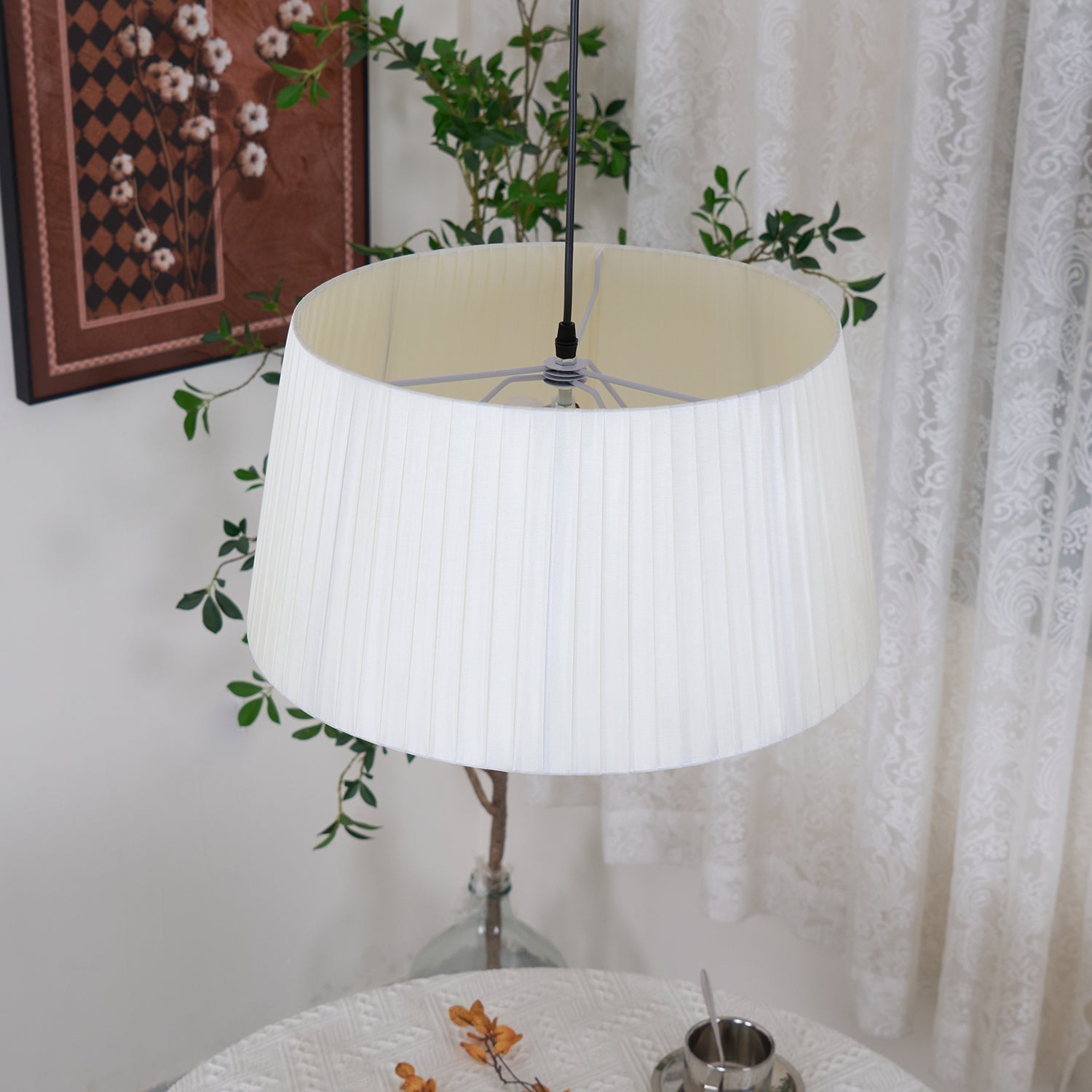 Drum Suspension Abat-jour en Tissu Pliée Noir Minimaliste Classique