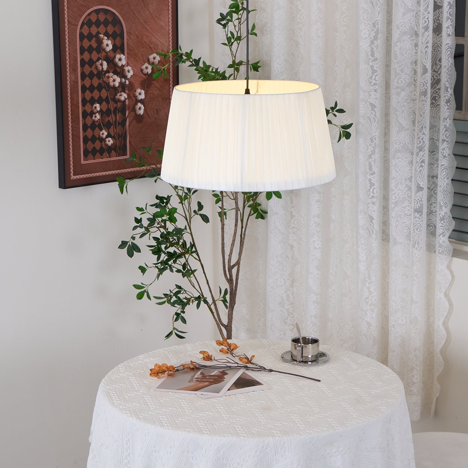 Drum Suspension Abat-jour en Tissu Pliée Noir Minimaliste Classique