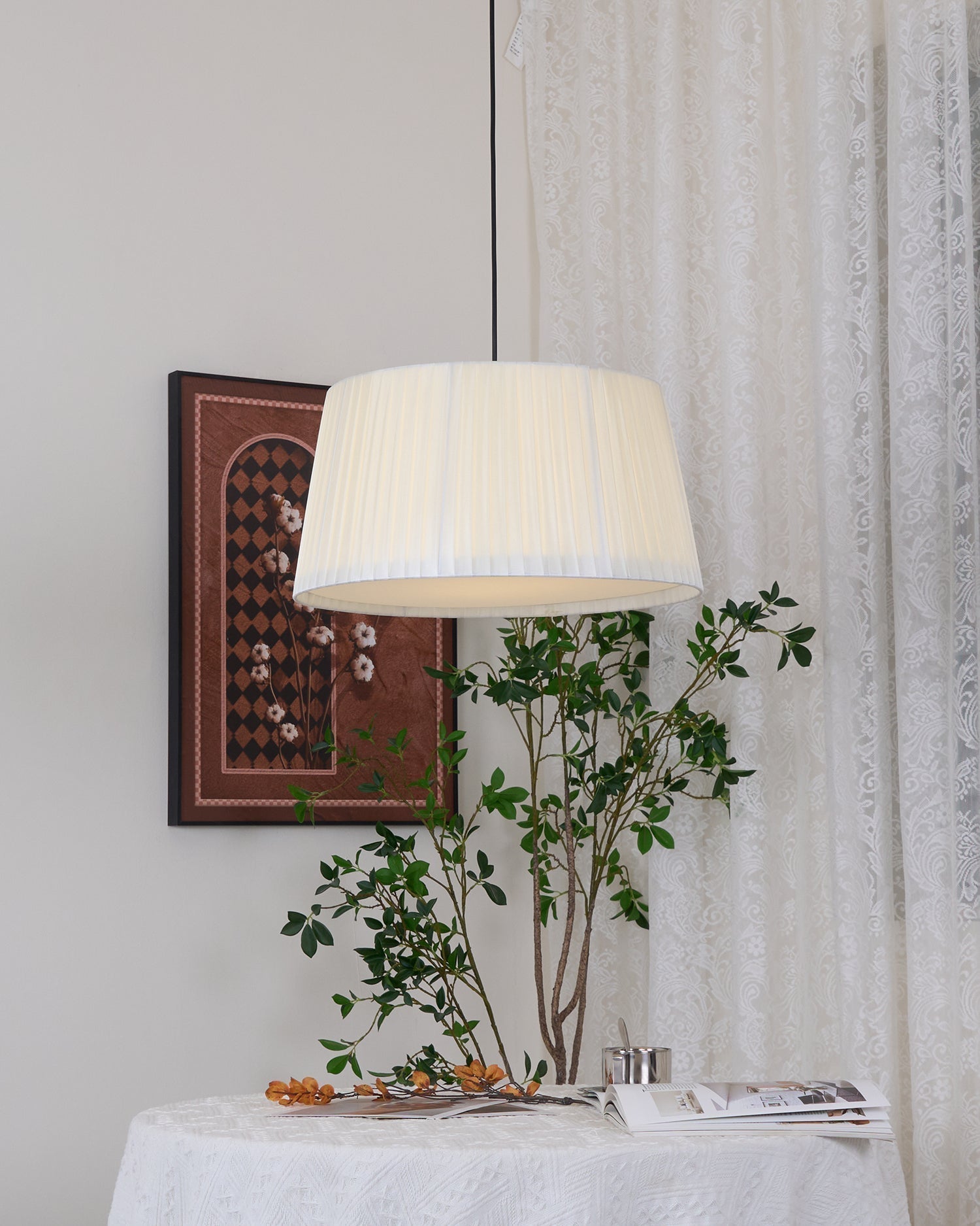 Drum Suspension Abat-jour en Tissu Pliée Noir Minimaliste Classique
