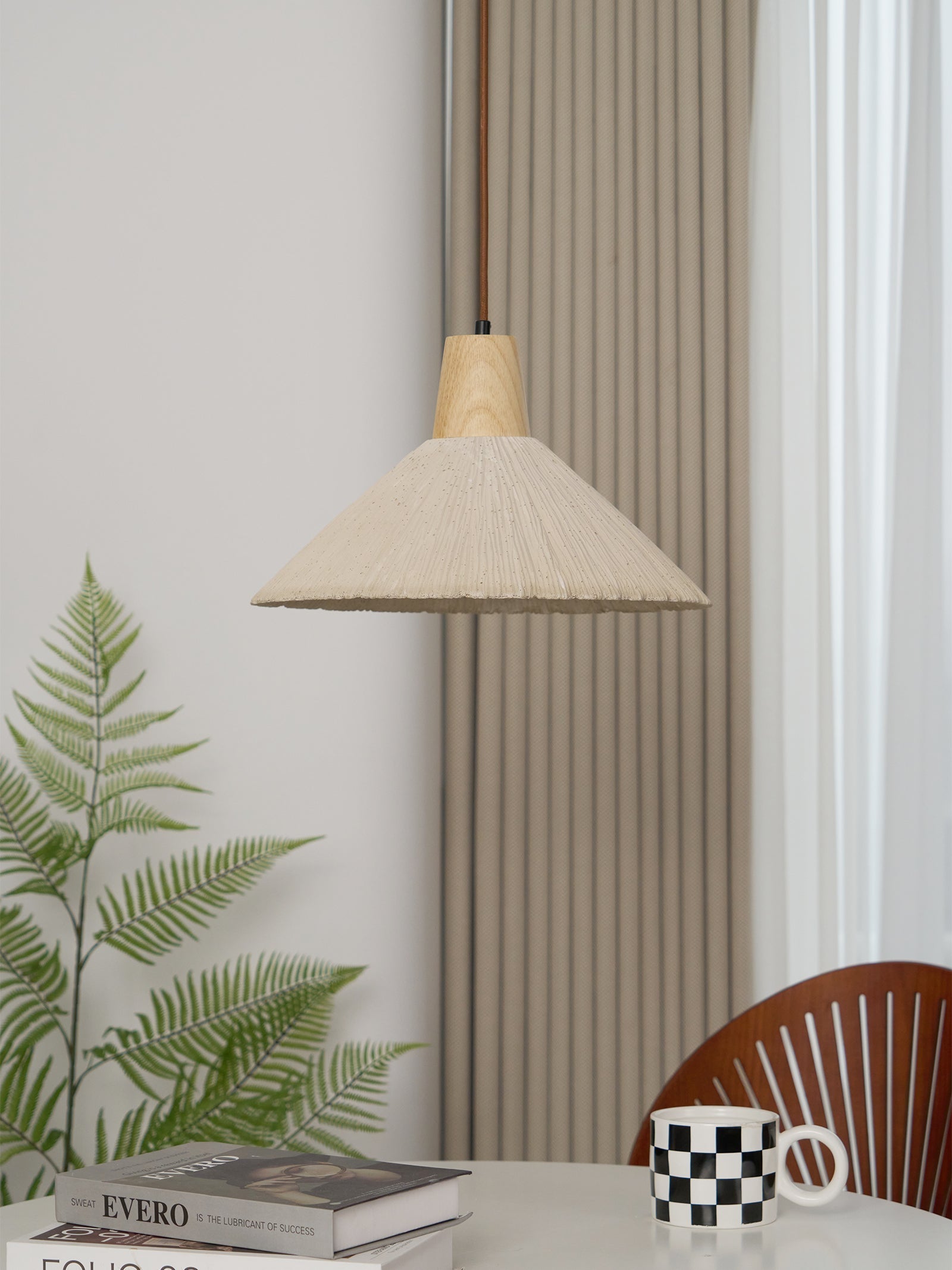 Suspension Bois Dessus Texturé Ciment Abat-jour Gris Naturel Japandi