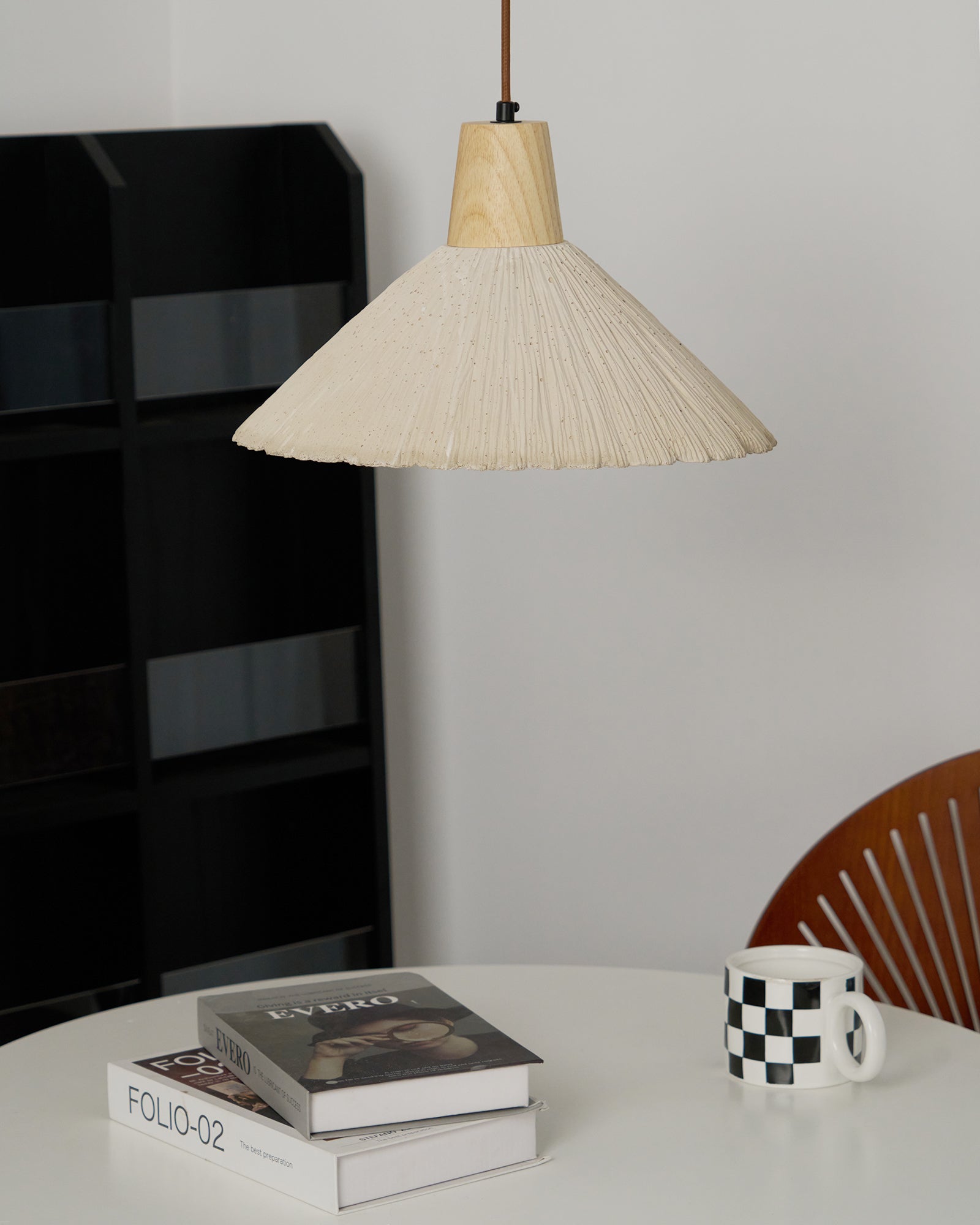 Suspension Bois Dessus Texturé Ciment Abat-jour Gris Naturel Japandi