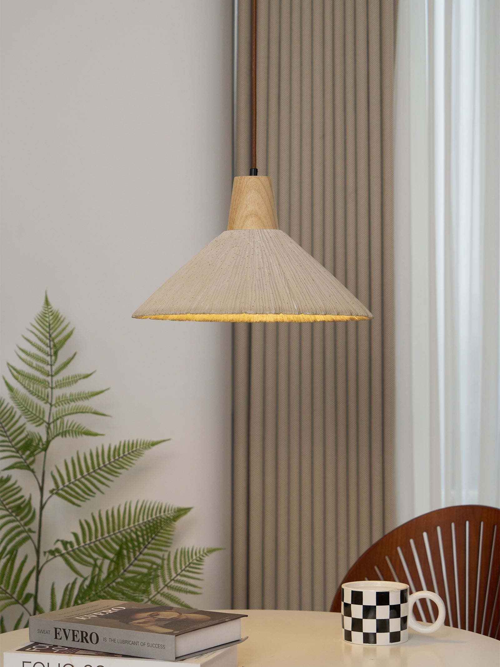 Suspension Bois Dessus Texturé Ciment Abat-jour Gris Naturel Japandi