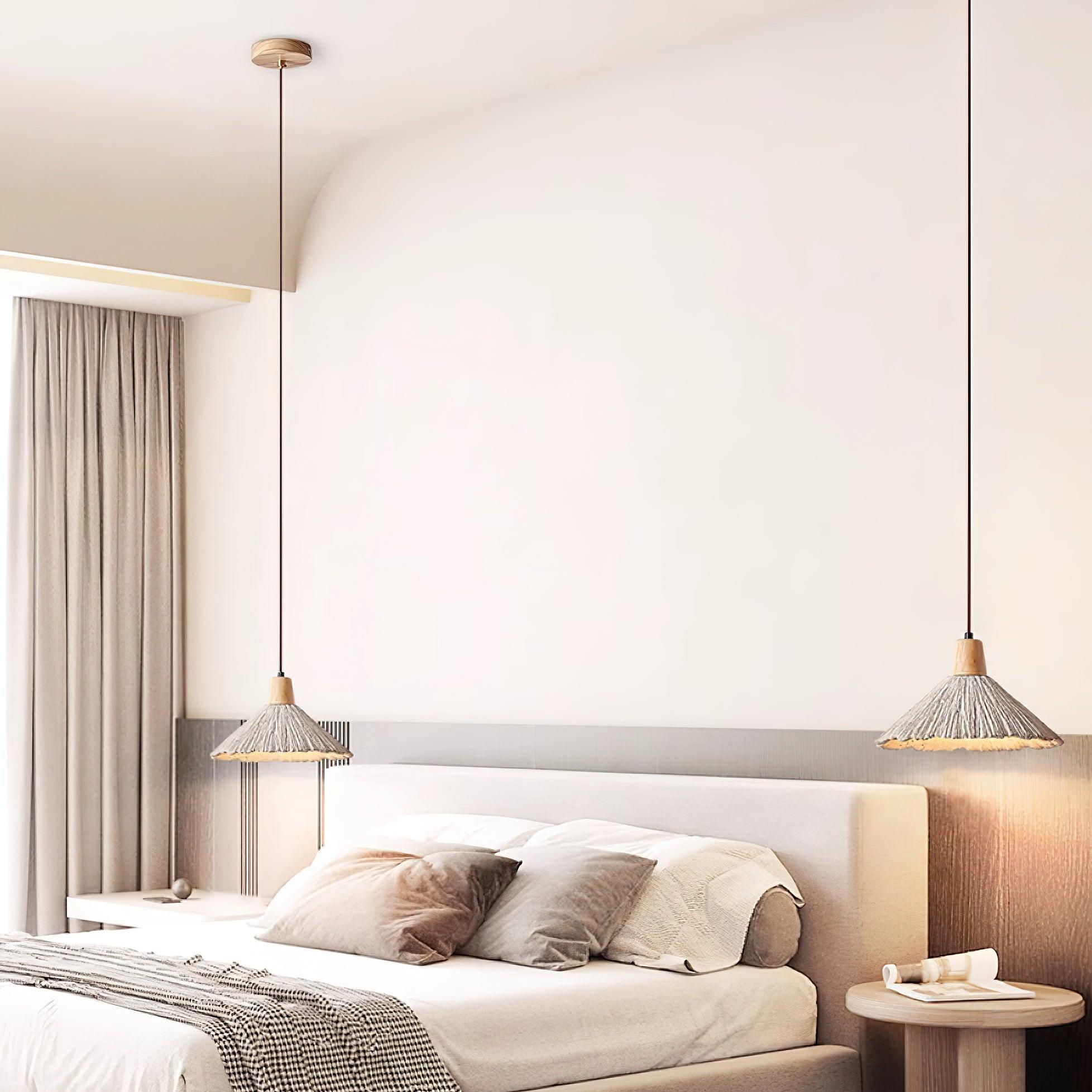 Suspension Bois Dessus Texturé Ciment Abat-jour Gris Naturel Japandi