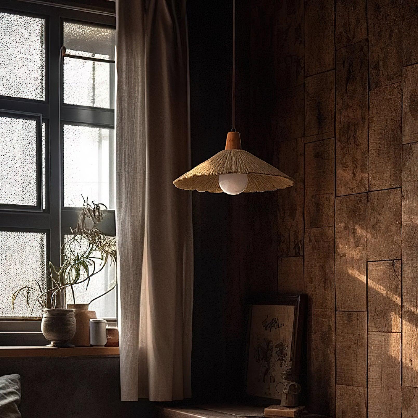 Suspension Bois Dessus Texturé Ciment Abat-jour Gris Naturel Japandi