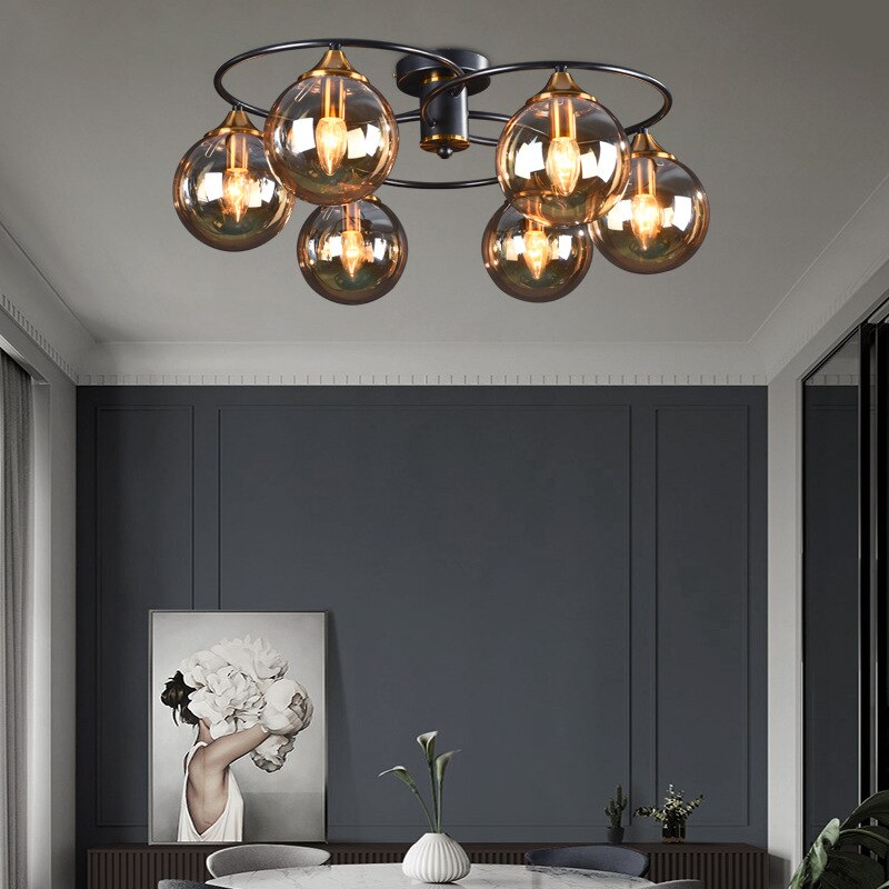 Valentina Plafonnier Boule Moderne, Métal/Verre, Ambre/Gris Fumé, Salon