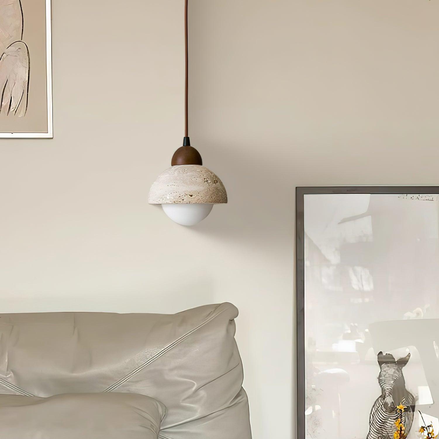 Suspension Bois Dessus Jaune Travertin Verre Blanc Beige Moderne