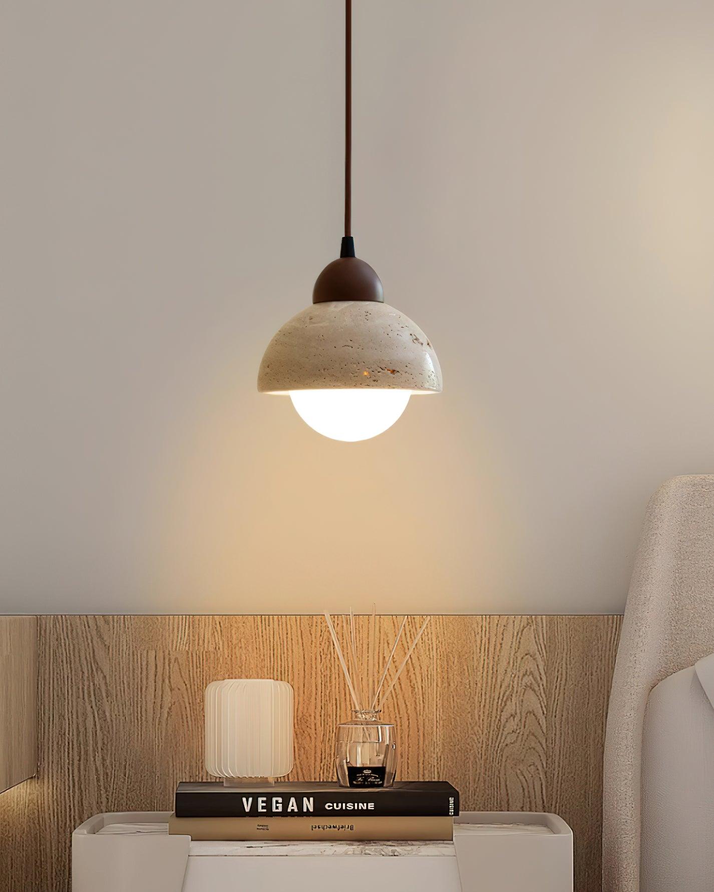 Suspension Bois Dessus Jaune Travertin Verre Blanc Beige Moderne