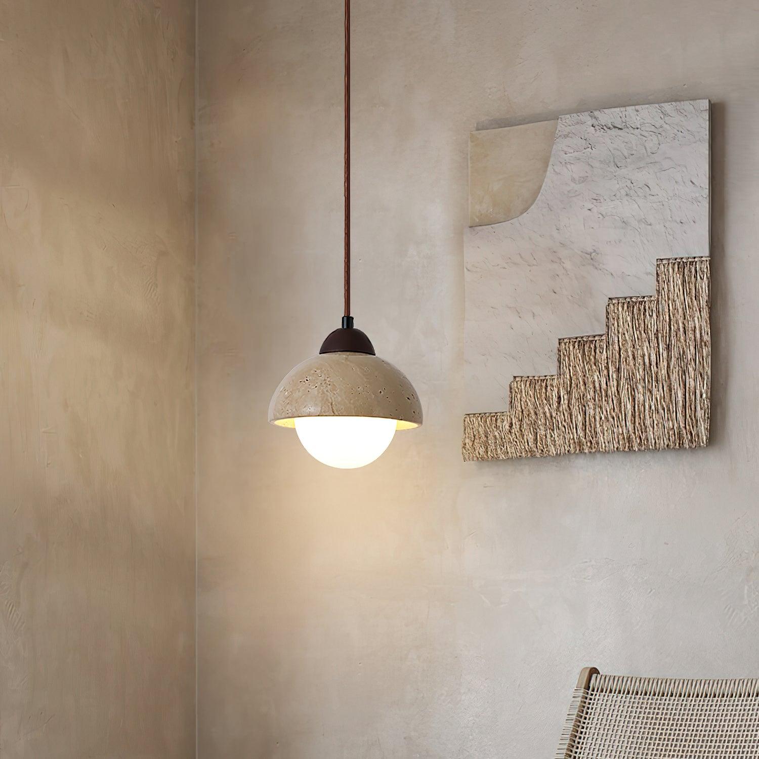 Suspension Bois Dessus Jaune Travertin Verre Blanc Beige Moderne