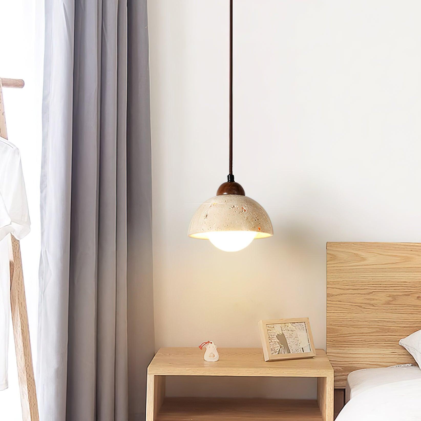Suspension Bois Dessus Jaune Travertin Verre Blanc Beige Moderne