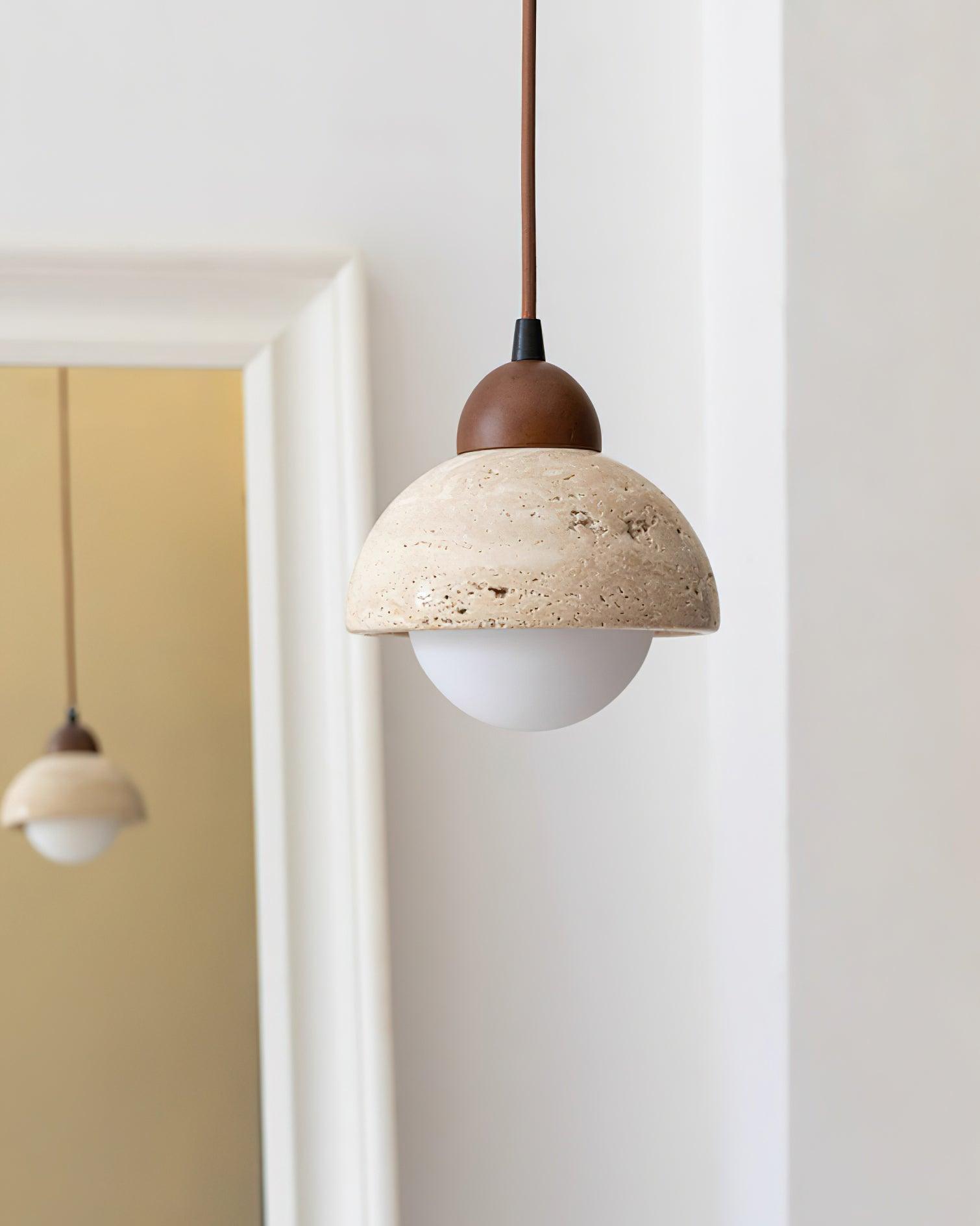 Suspension Bois Dessus Jaune Travertin Verre Blanc Beige Moderne