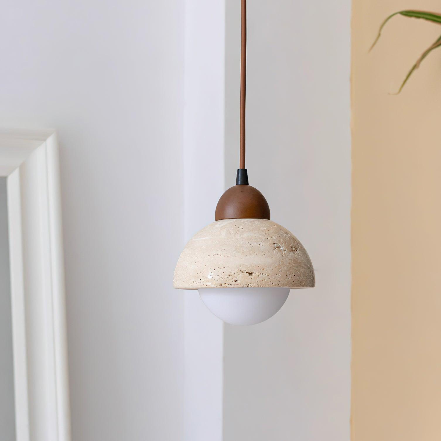 Suspension Bois Dessus Jaune Travertin Verre Blanc Beige Moderne