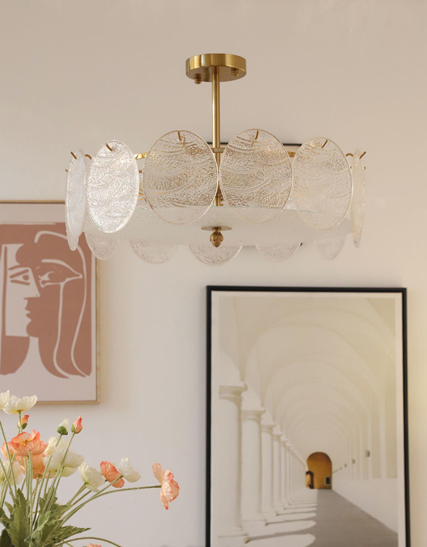 Lustra Lampe De Plafond Avec Finition Dorée Et Verre Strié