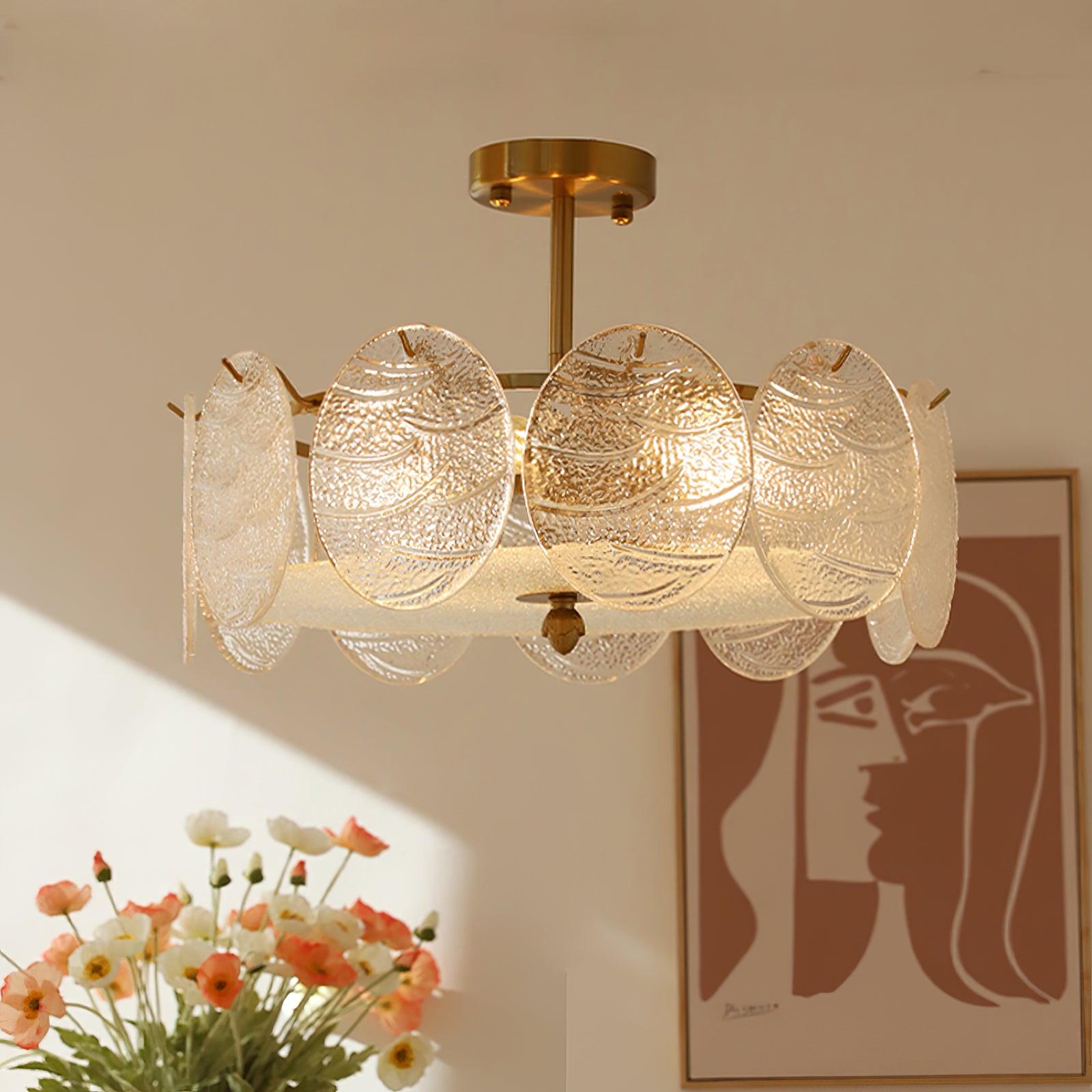 Lustra Lampe De Plafond Avec Finition Dorée Et Verre Strié