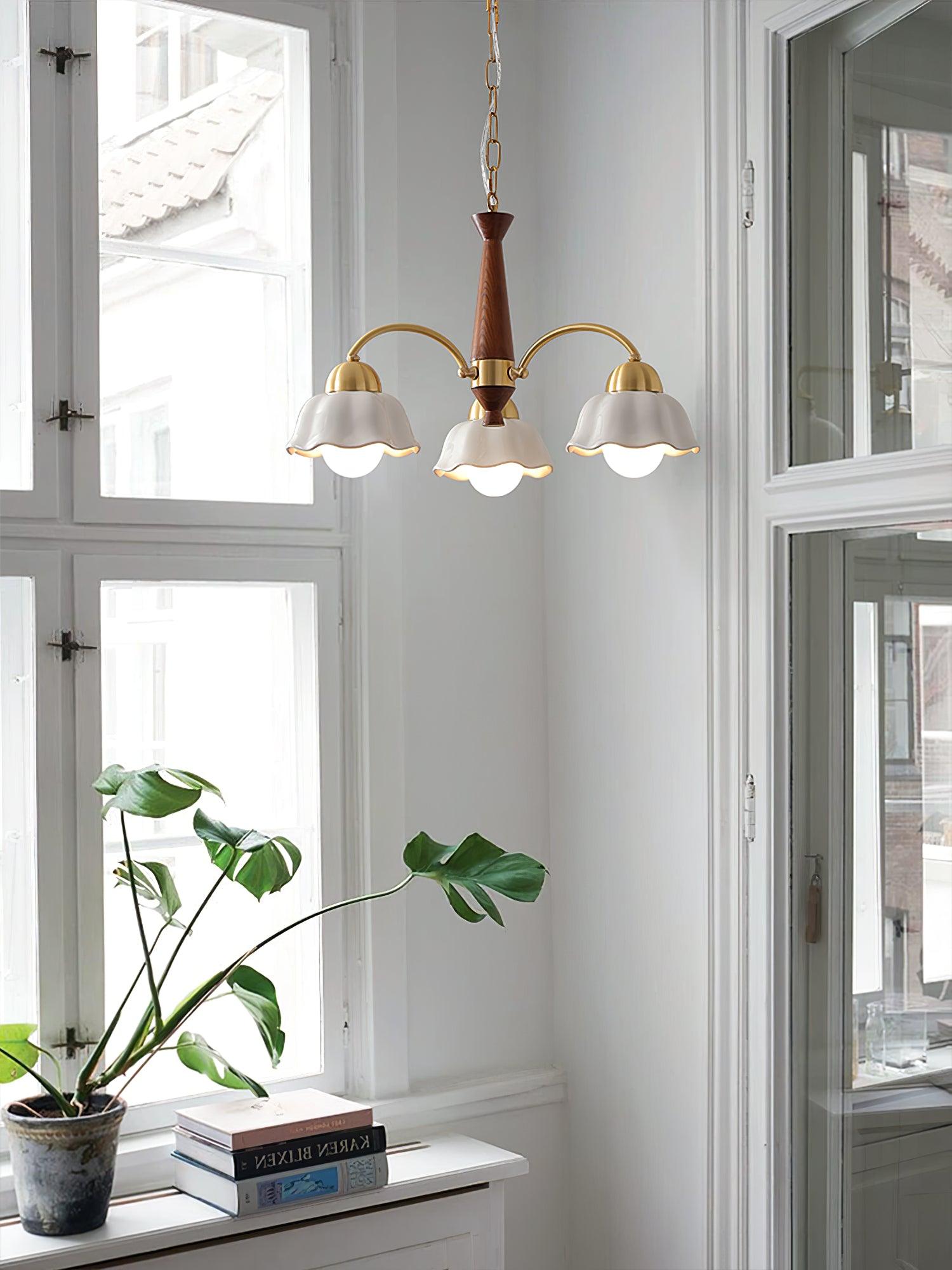 Lustra Lustre Laiton Bois Opaline Céramique