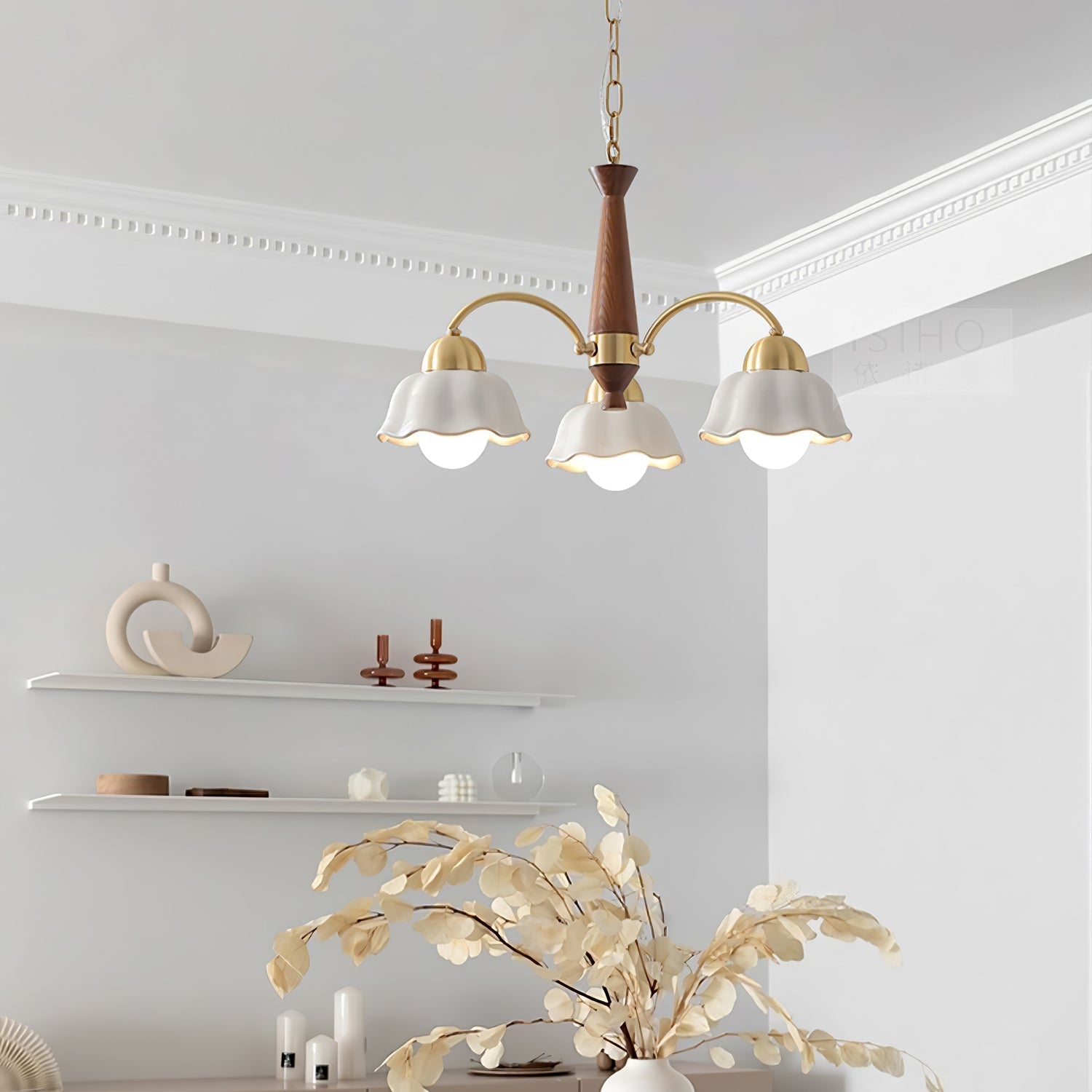 Lustra Lustre Laiton Bois Opaline Céramique