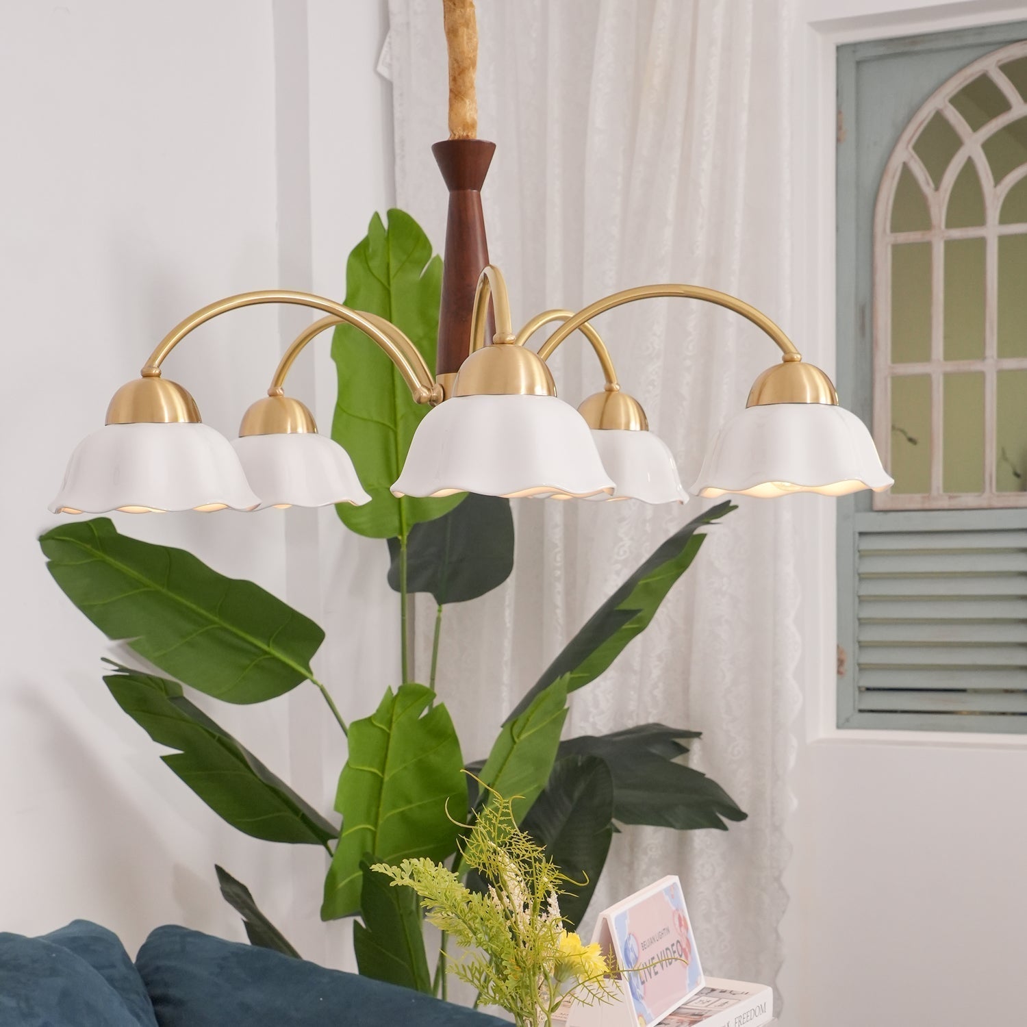 Lustra Lustre Laiton Bois Opaline Céramique