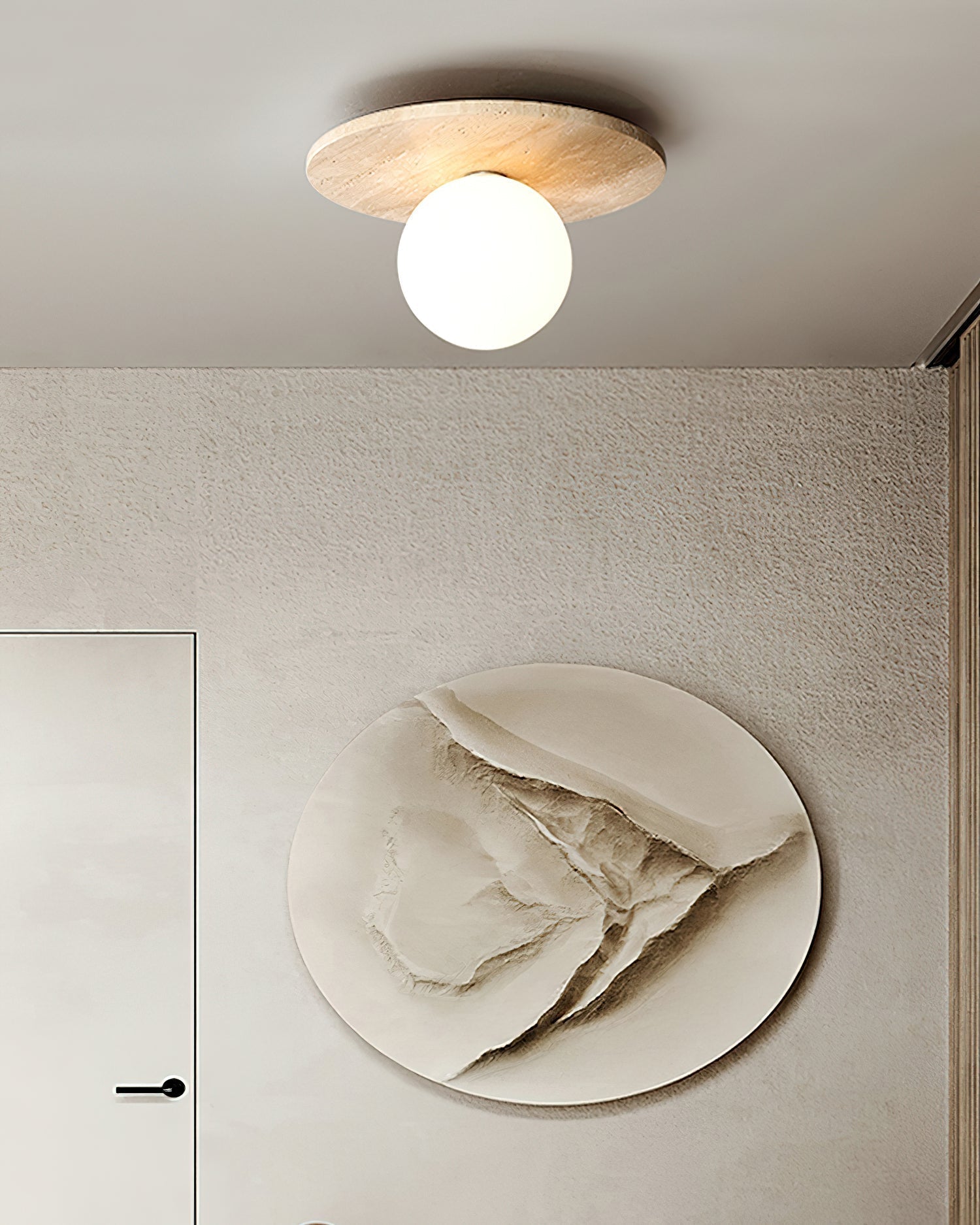 Virelli Lampe de Plafond Disque en Travertin avec Globe en Verre Scandi Cozy