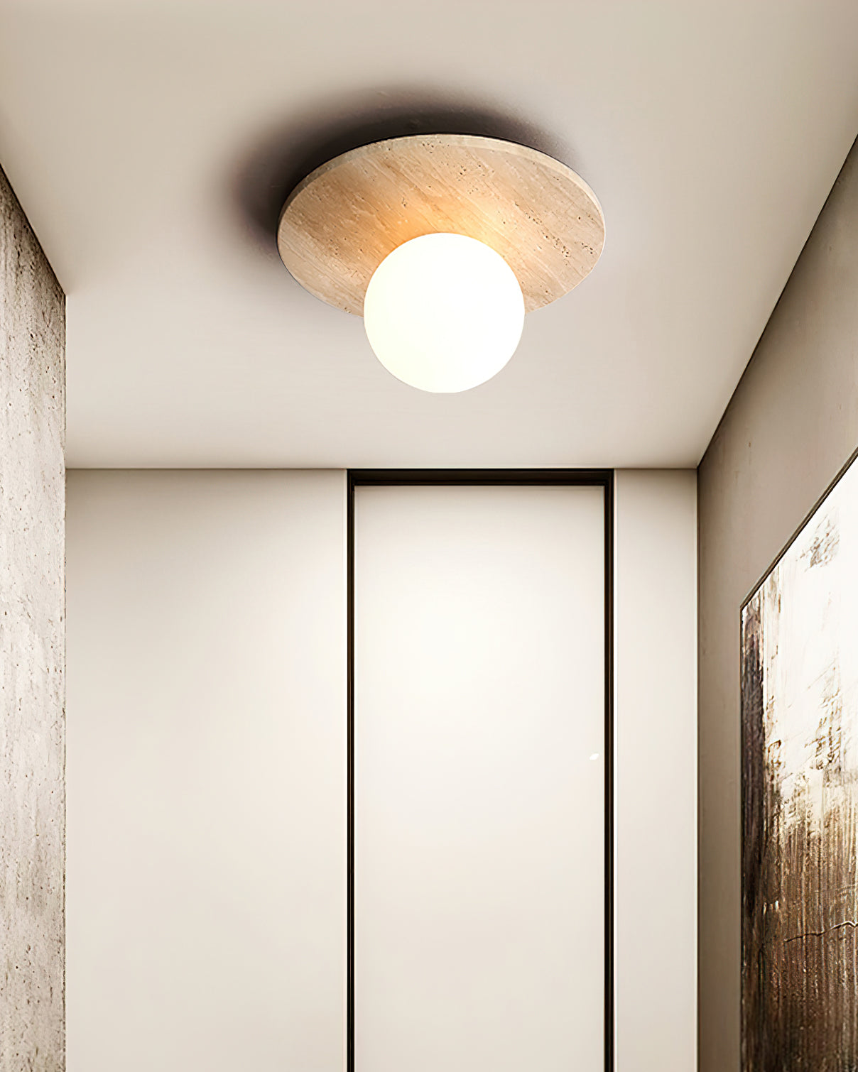 Virelli Lampe de Plafond Disque en Travertin avec Globe en Verre Scandi Cozy
