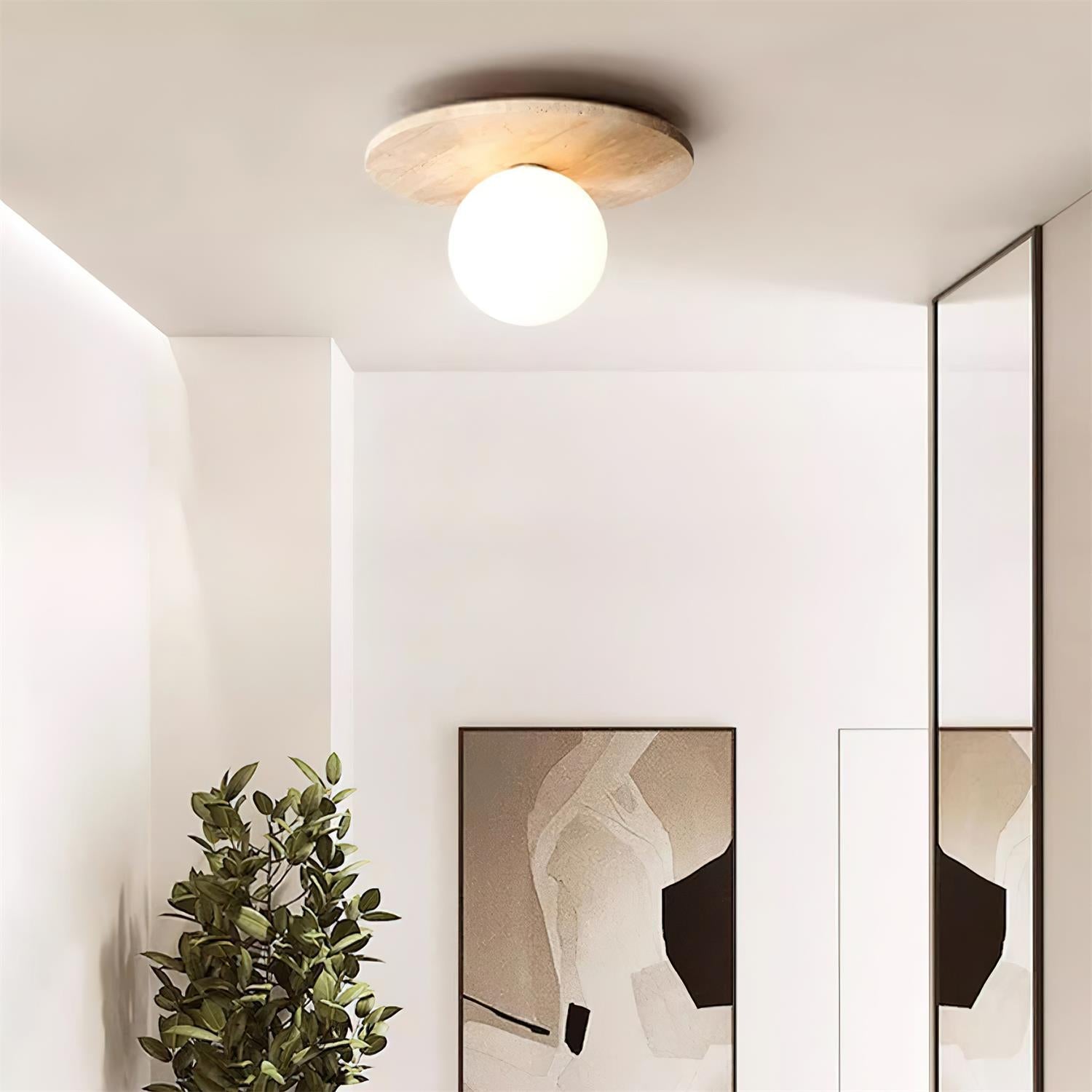 Virelli Lampe de Plafond Disque en Travertin avec Globe en Verre Scandi Cozy