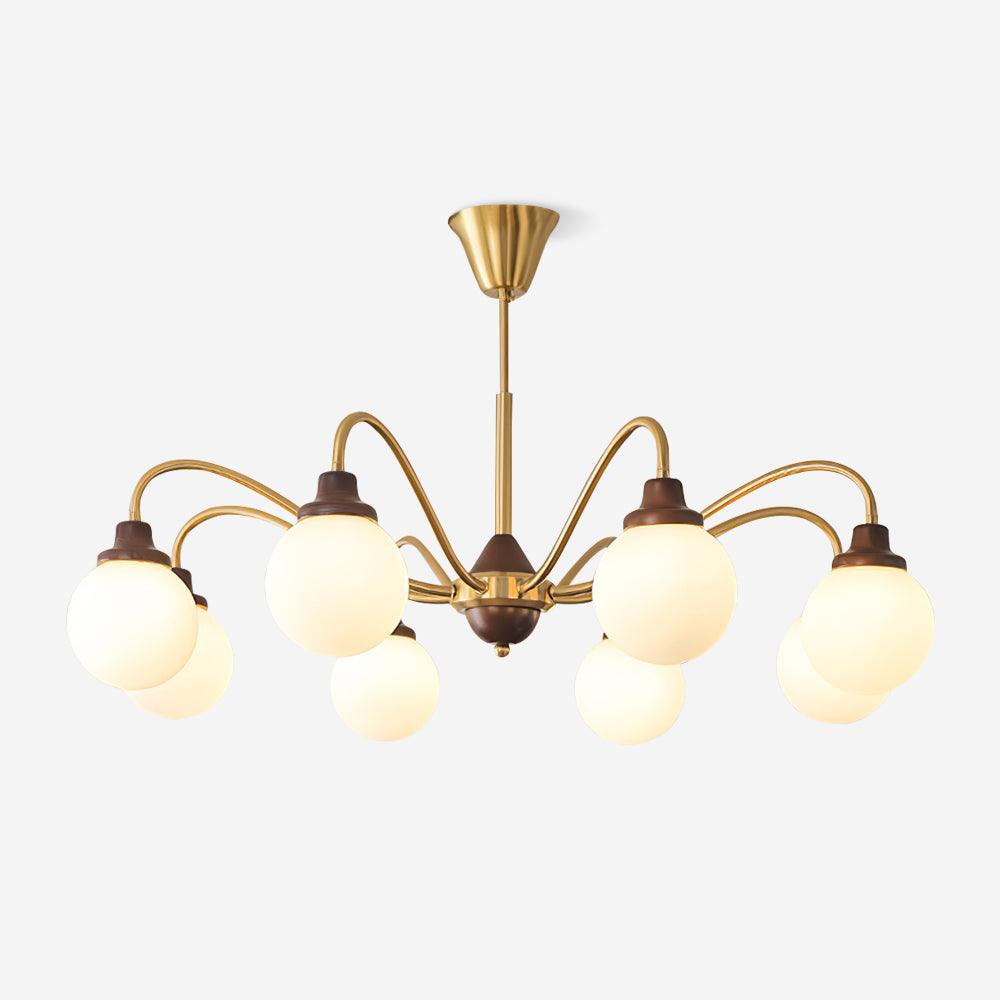 Lustre doré Avec Bras en Bois de Frêne et Globes en Verre Blanc, Style Rétro