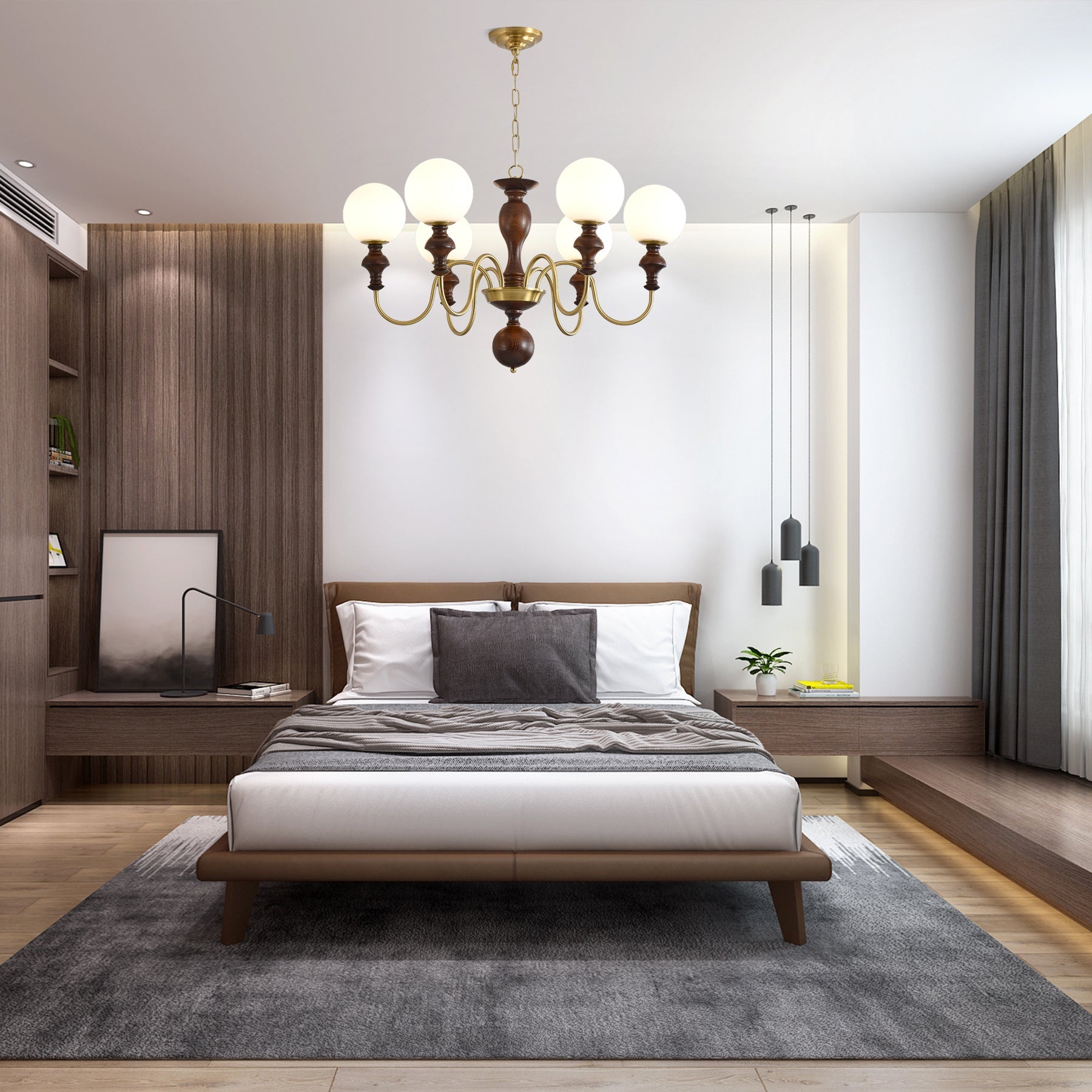 Lustra Lustre Bois Laiton Globe Intemporel