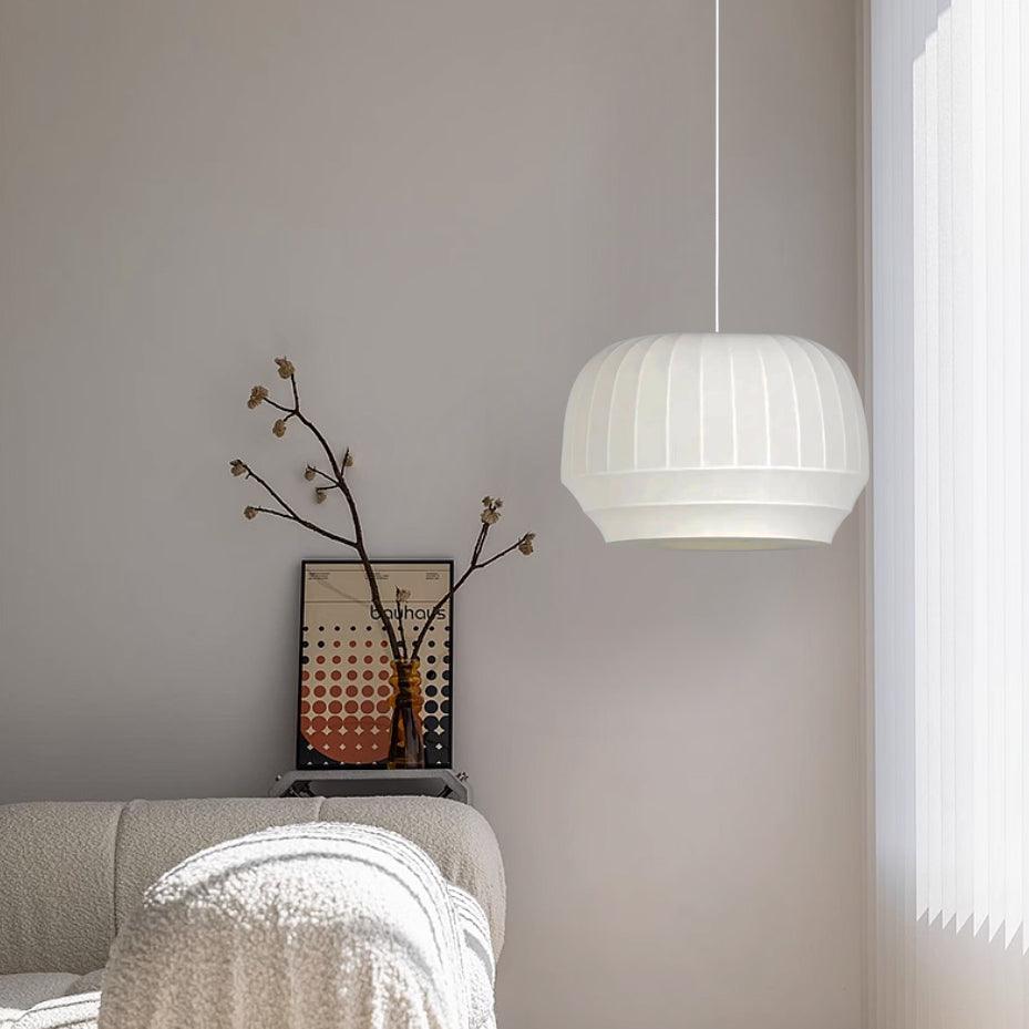 Suspension Luminaire Soie Abat-jour Blanc Tissu Lignes Verticales Doux Moderne Minimaliste
