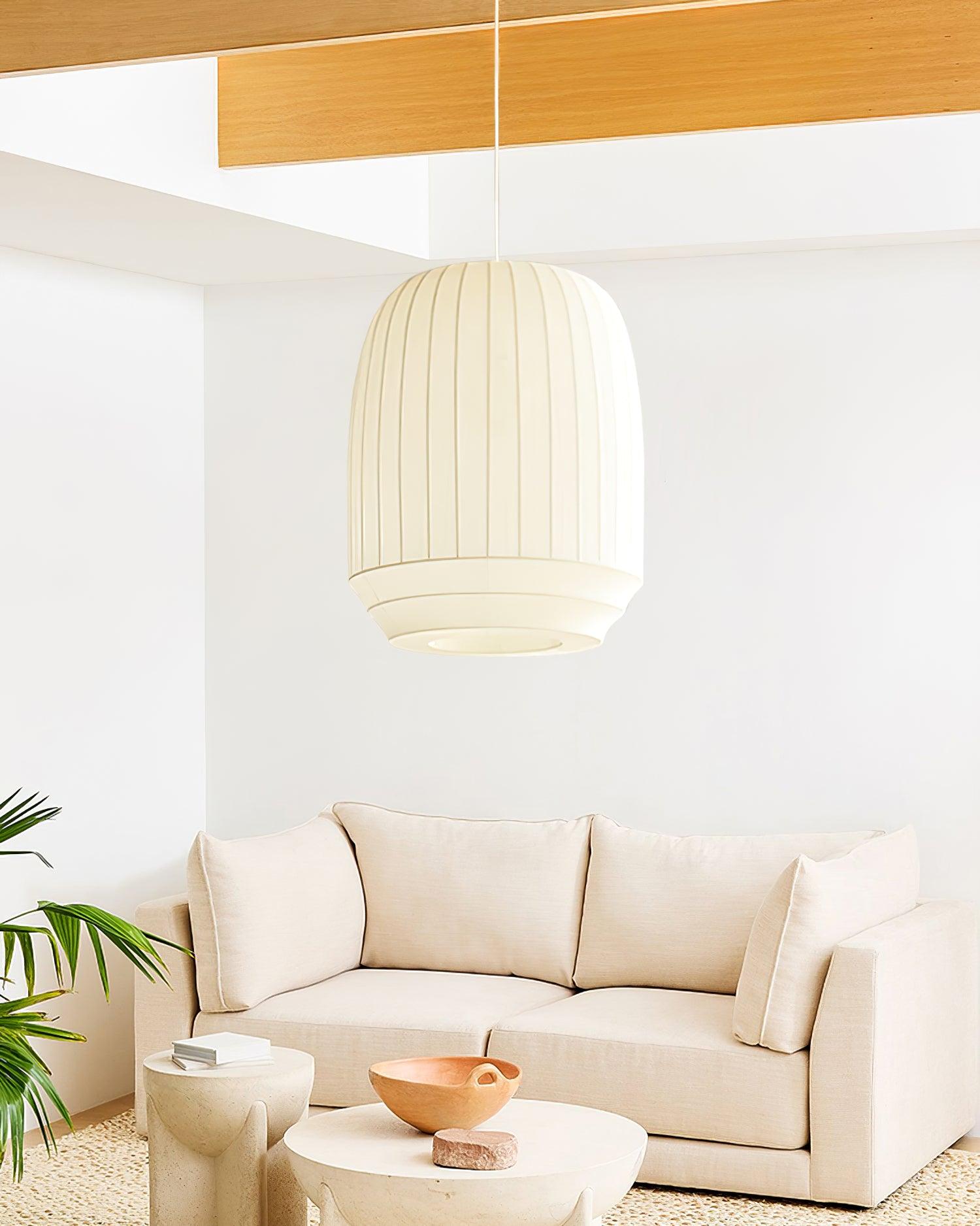 Suspension Luminaire Soie Abat-jour Blanc Tissu Lignes Verticales Doux Moderne Minimaliste