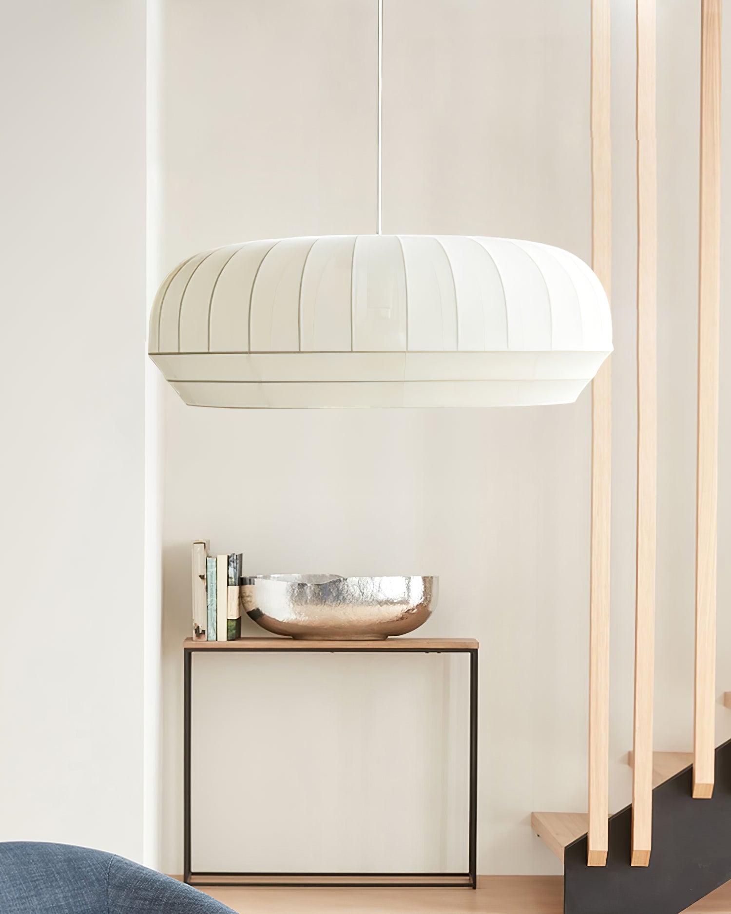 Suspension Luminaire Soie Abat-jour Blanc Tissu Lignes Verticales Doux Moderne Minimaliste