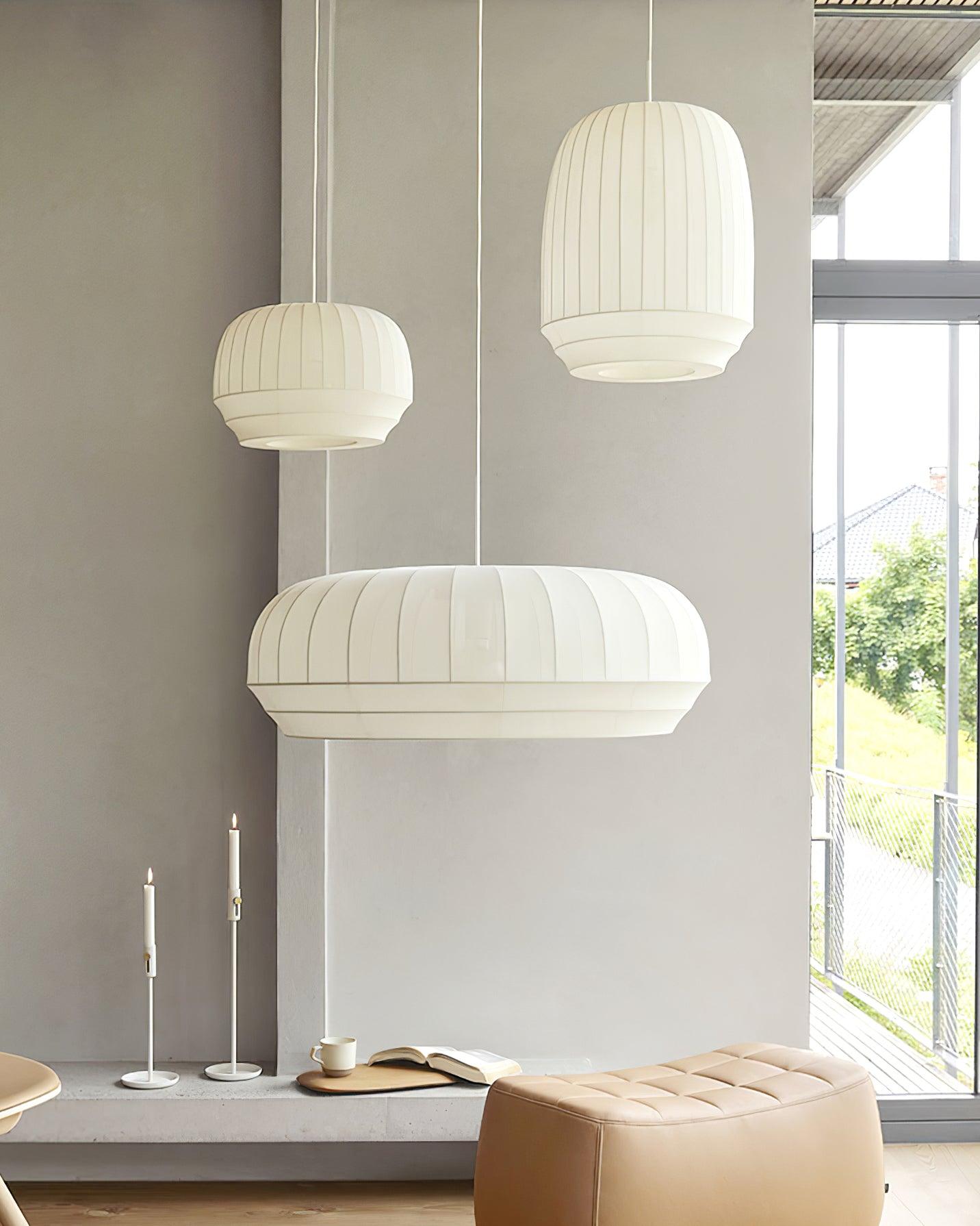 Suspension Luminaire Soie Abat-jour Blanc Tissu Lignes Verticales Doux Moderne Minimaliste