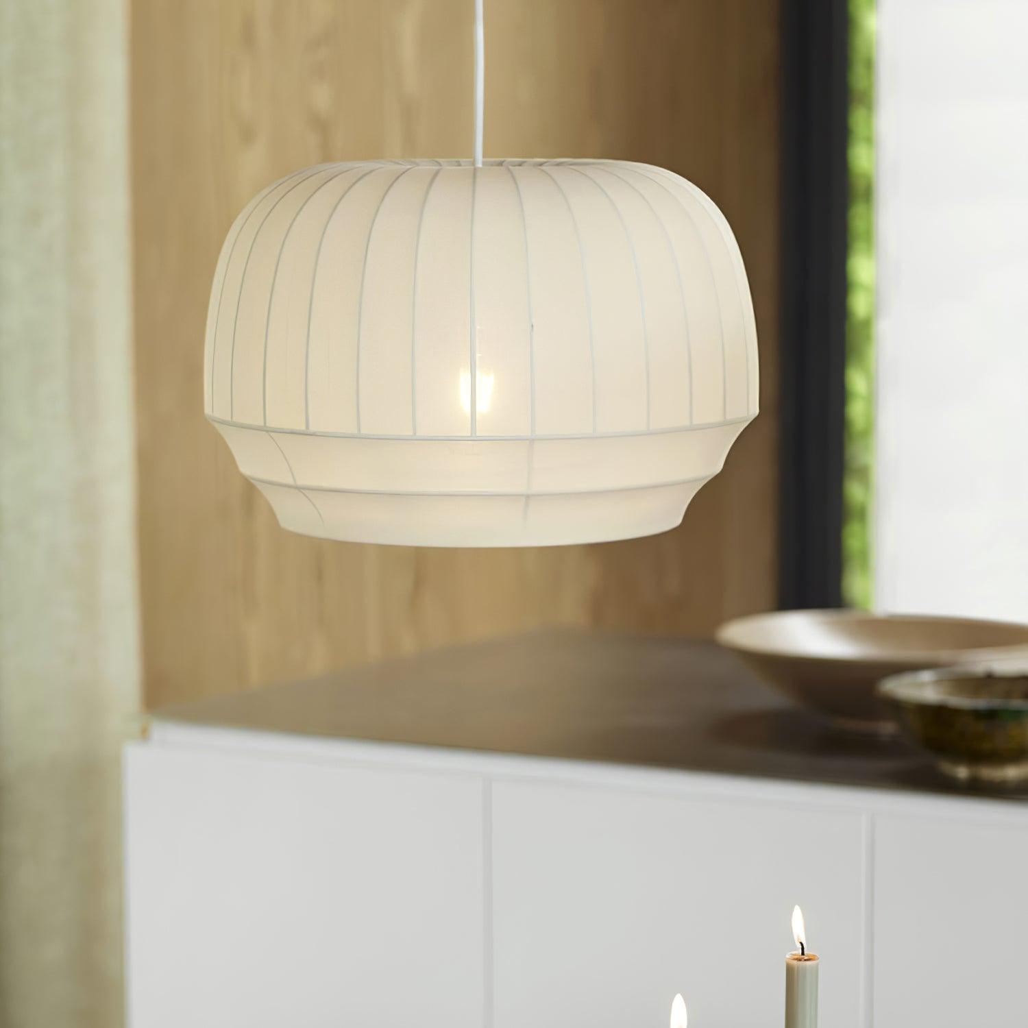 Suspension Luminaire Soie Abat-jour Blanc Tissu Lignes Verticales Doux Moderne Minimaliste