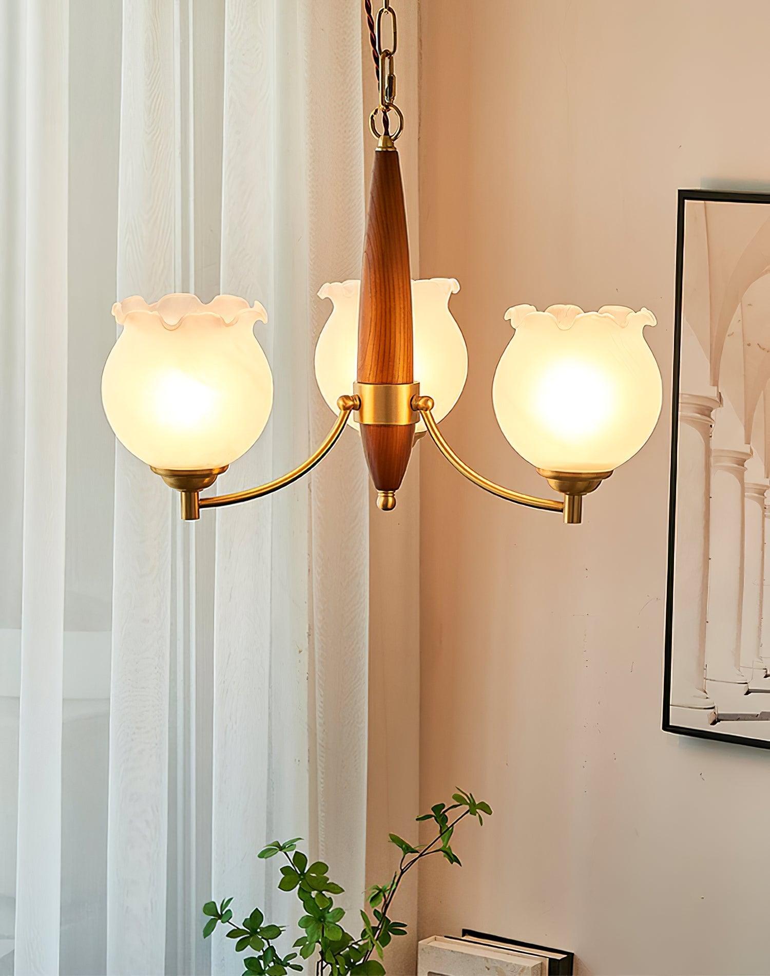 Lustra Lustre en Verre, Bois et Laiton Vintage
