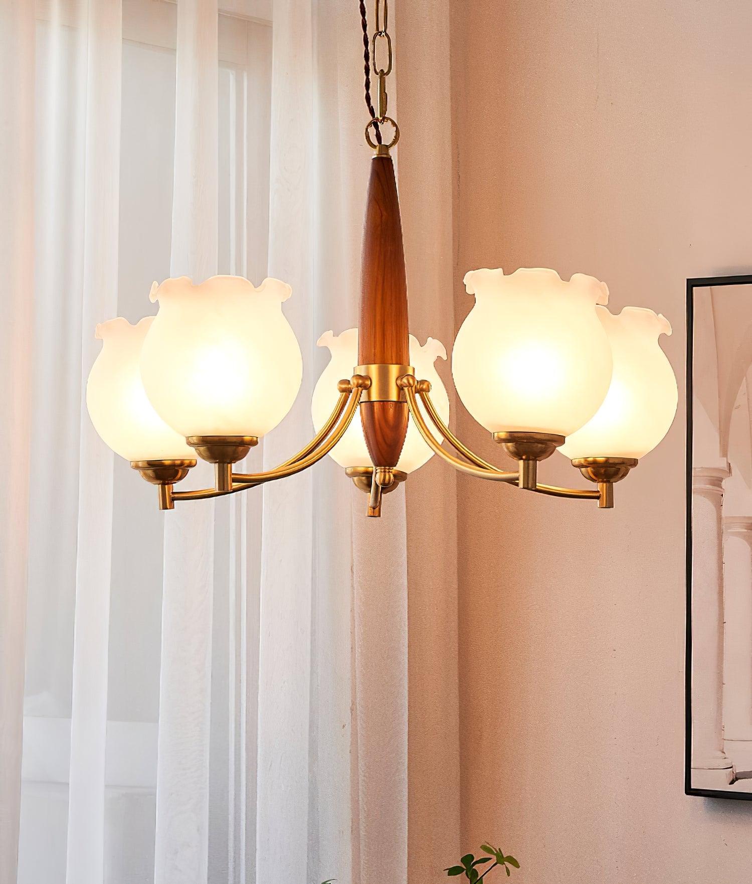 Lustra Lustre en Verre, Bois et Laiton Vintage