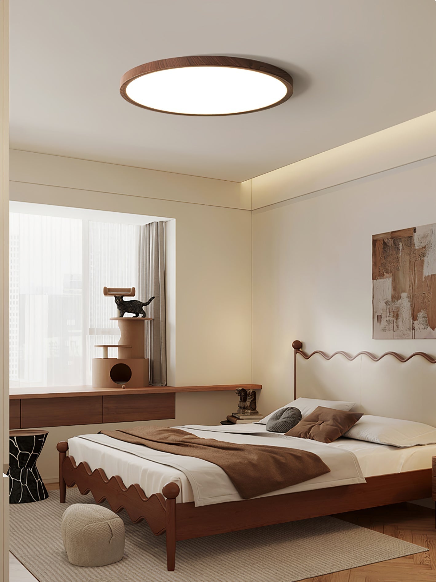Solara Plafonnier Rond Fin en Noyer Minimaliste