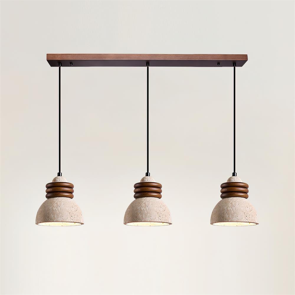 Lampe Suspension Dôme en Travertin Anneaux en Bois de Noyer Ambiance Minimaliste