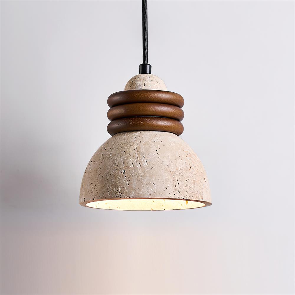 Lampe Suspension Dôme en Travertin Anneaux en Bois de Noyer Ambiance Minimaliste