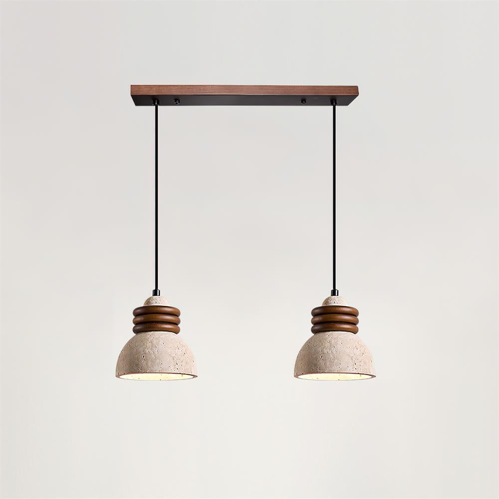 Lampe Suspension Dôme en Travertin Anneaux en Bois de Noyer Ambiance Minimaliste